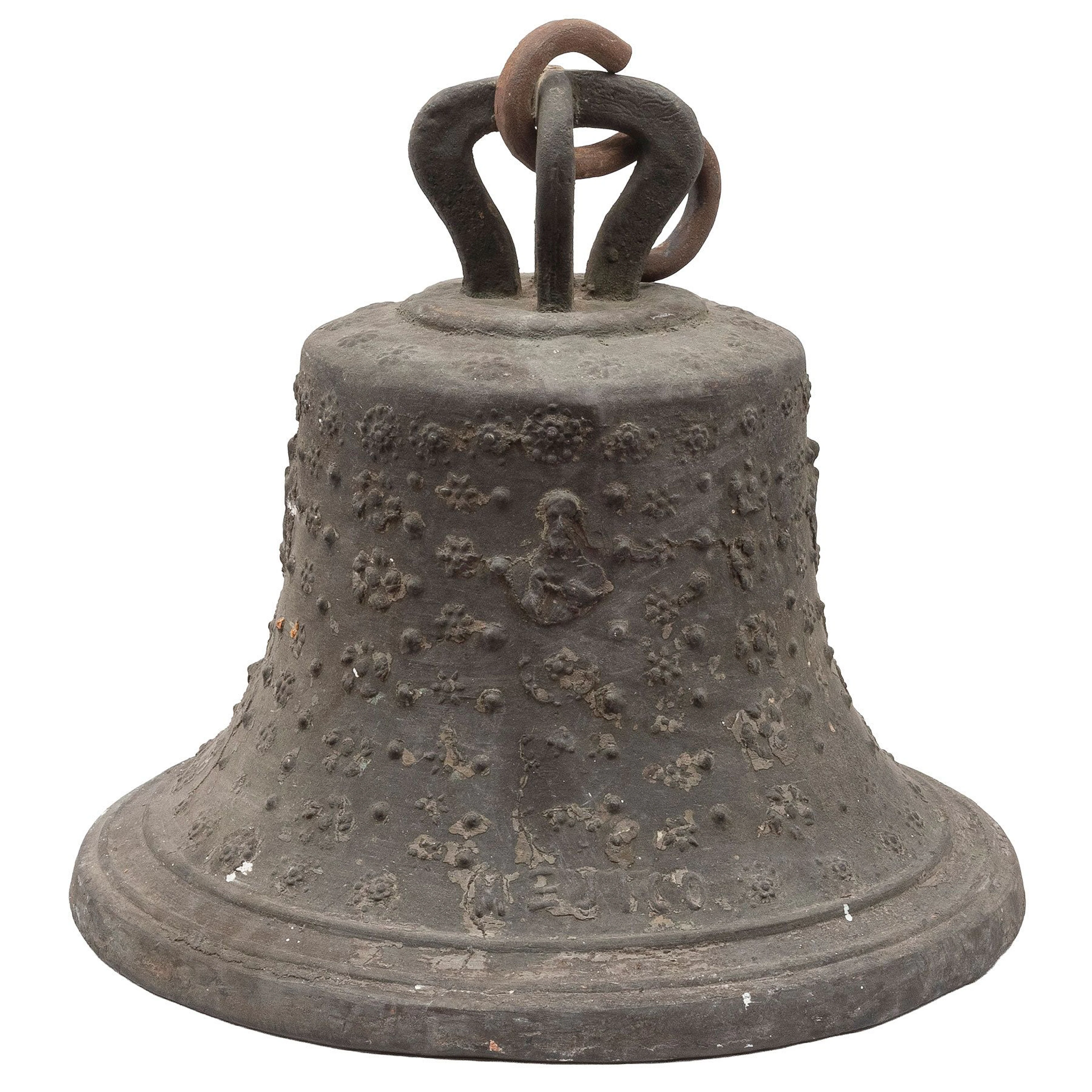 CAMPANA MÉXICO, 1RA MITAD DEL SXX. Bronce, acabado color verde; decorada