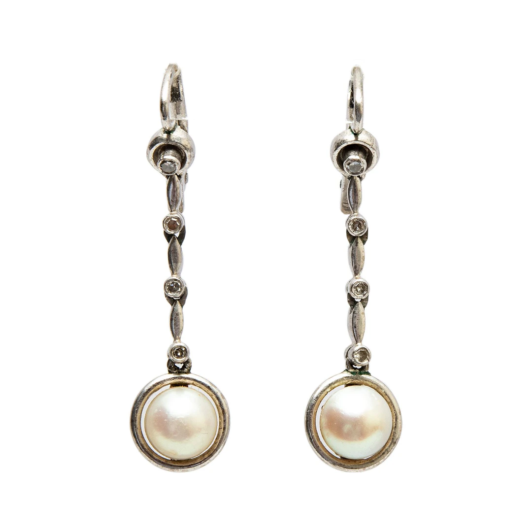 PAR ARETES CON DIAMANTES Y PERLAS CULTIVADAS EN PLATA PALADIO
