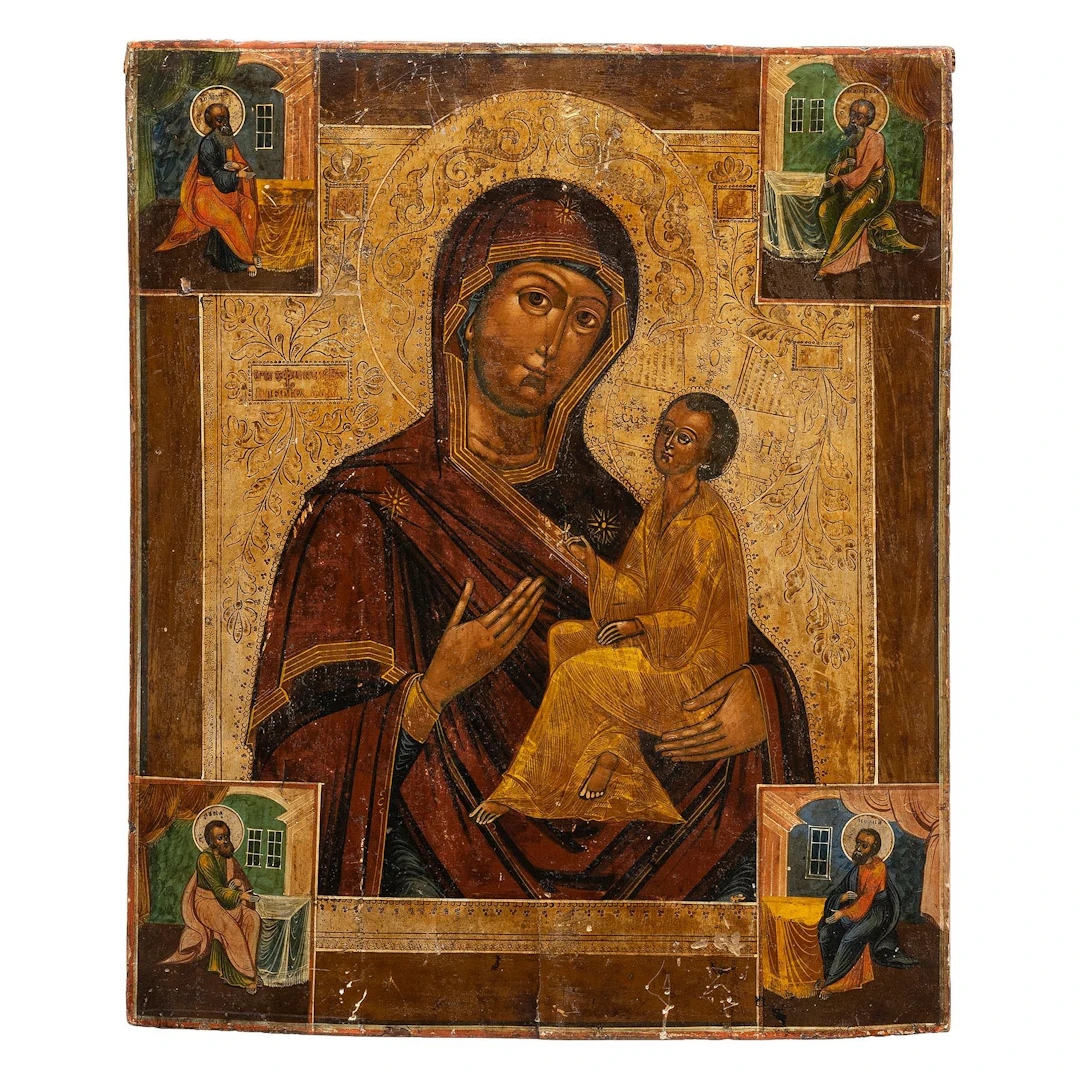 ICONO. RUSIA, CA. 1900. LA VIRGEN DE TIKHVIN (RODEADA POR LOS EVANGELISTAS).