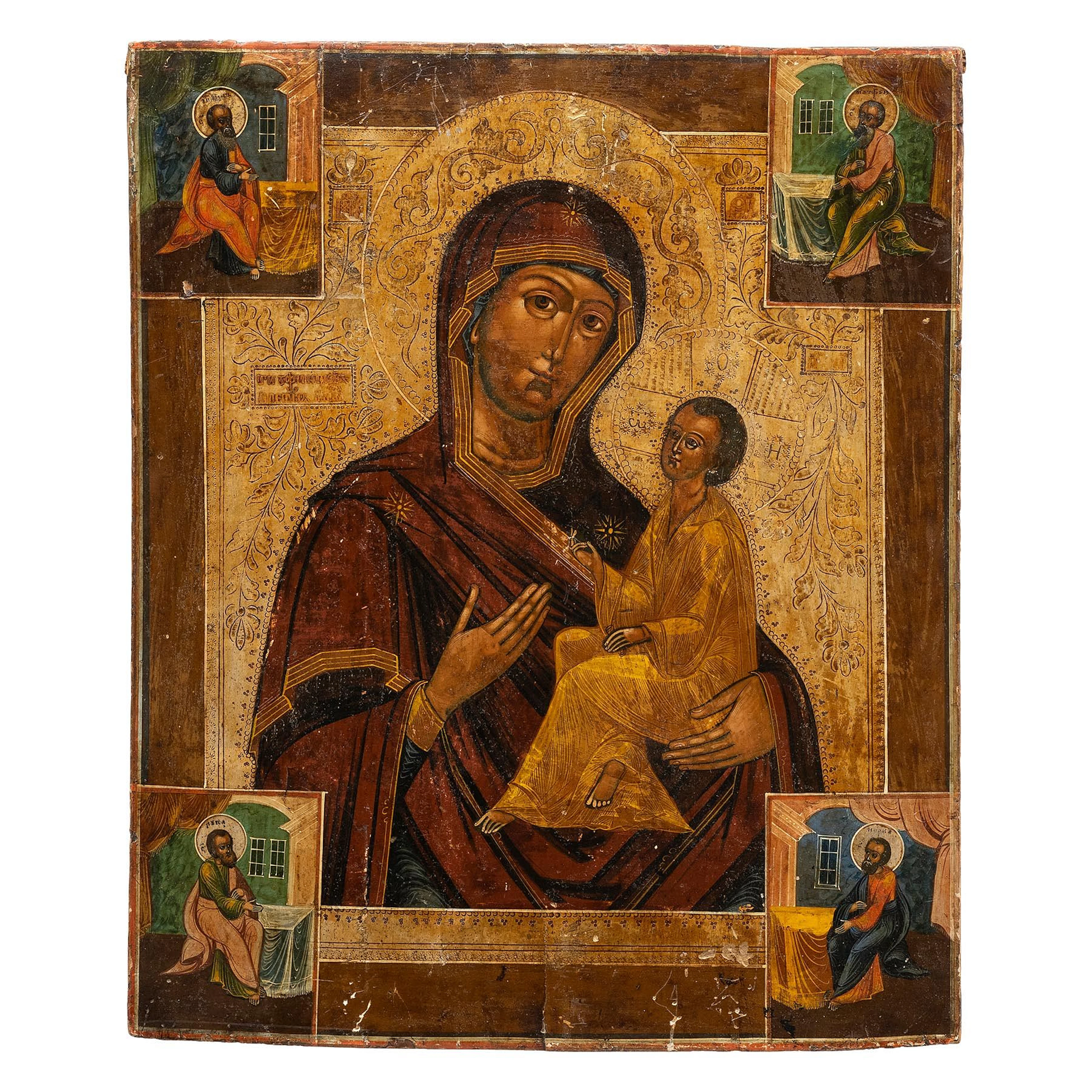ICONO. RUSIA, CA. 1900. LA VIRGEN DE TIKHVIN (RODEADA POR LOS EVANGELISTAS).