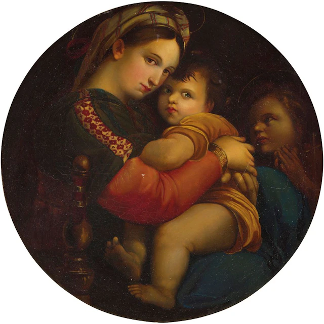 LA VIRGEN DE LA SILLA EUROPA, S. XIX Óleo sobre tabla Firmado "J.