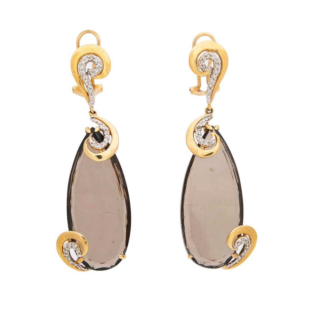 PAR ARETES CON DIAMANTES Y CUARZOS AHUMADOS EN ORO AMARILLO DE 14K