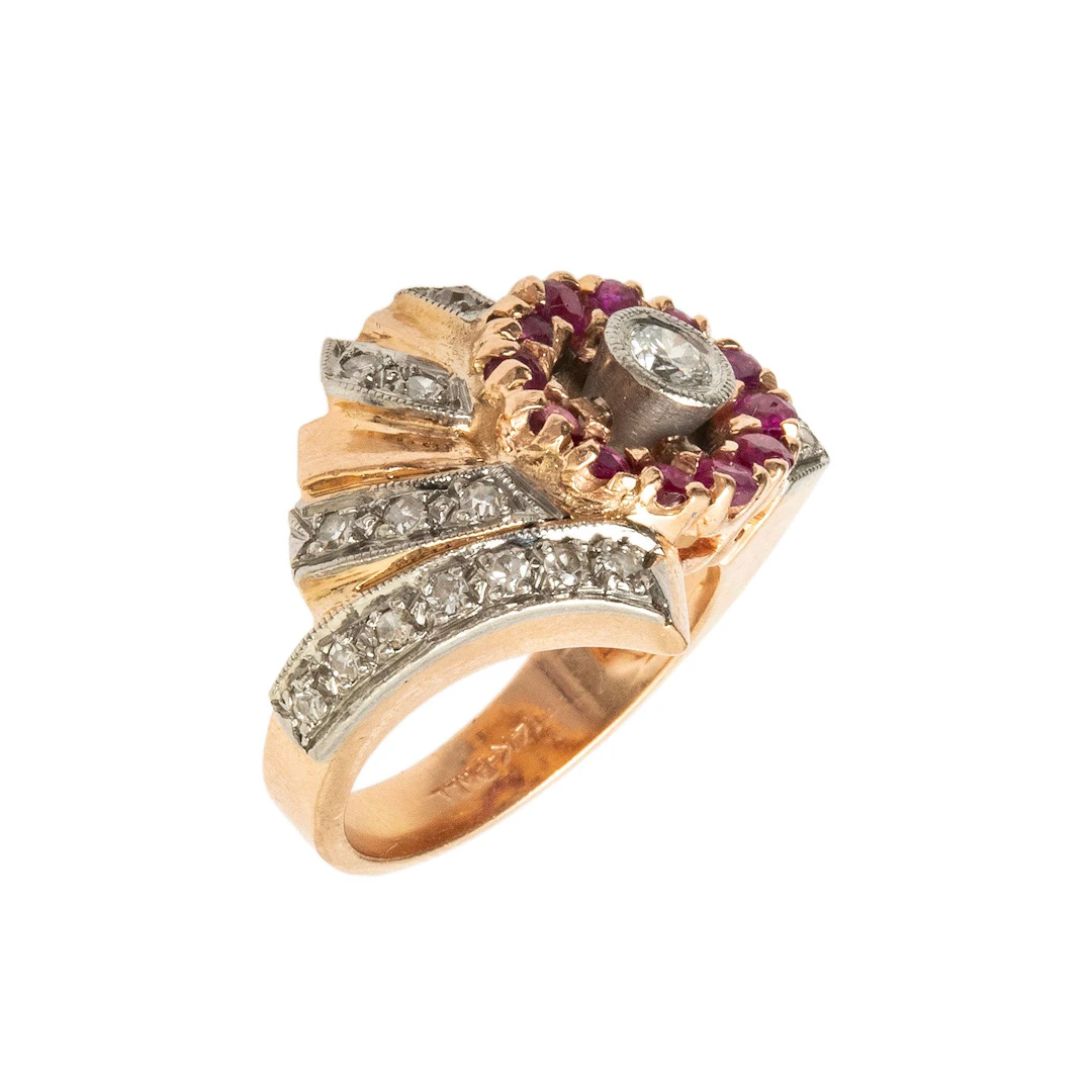 ANILLO CON DIAMANTES Y RUBÍES EN ORO ROSA DE 10K