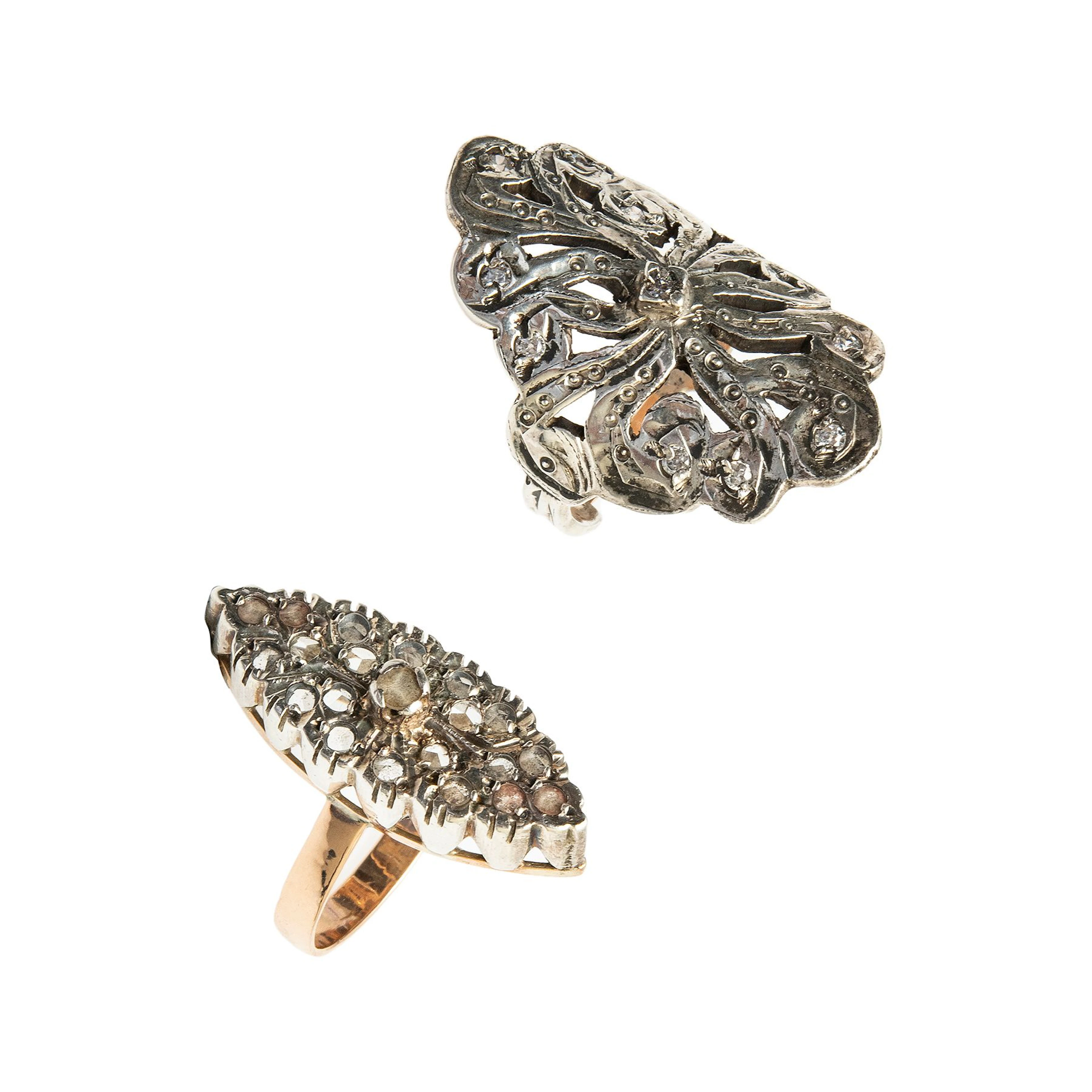 DOS ANILLOS CON CIRCONIAS EN ORO LEY BAJA Y PLATA
