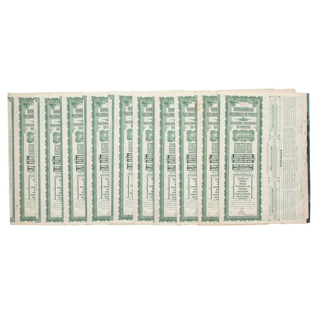 COLECCIÓN DE ACCIONES FERROCARRIL NACIONAL DE MÉXICO. MÉXICO, 1907. 10pz
