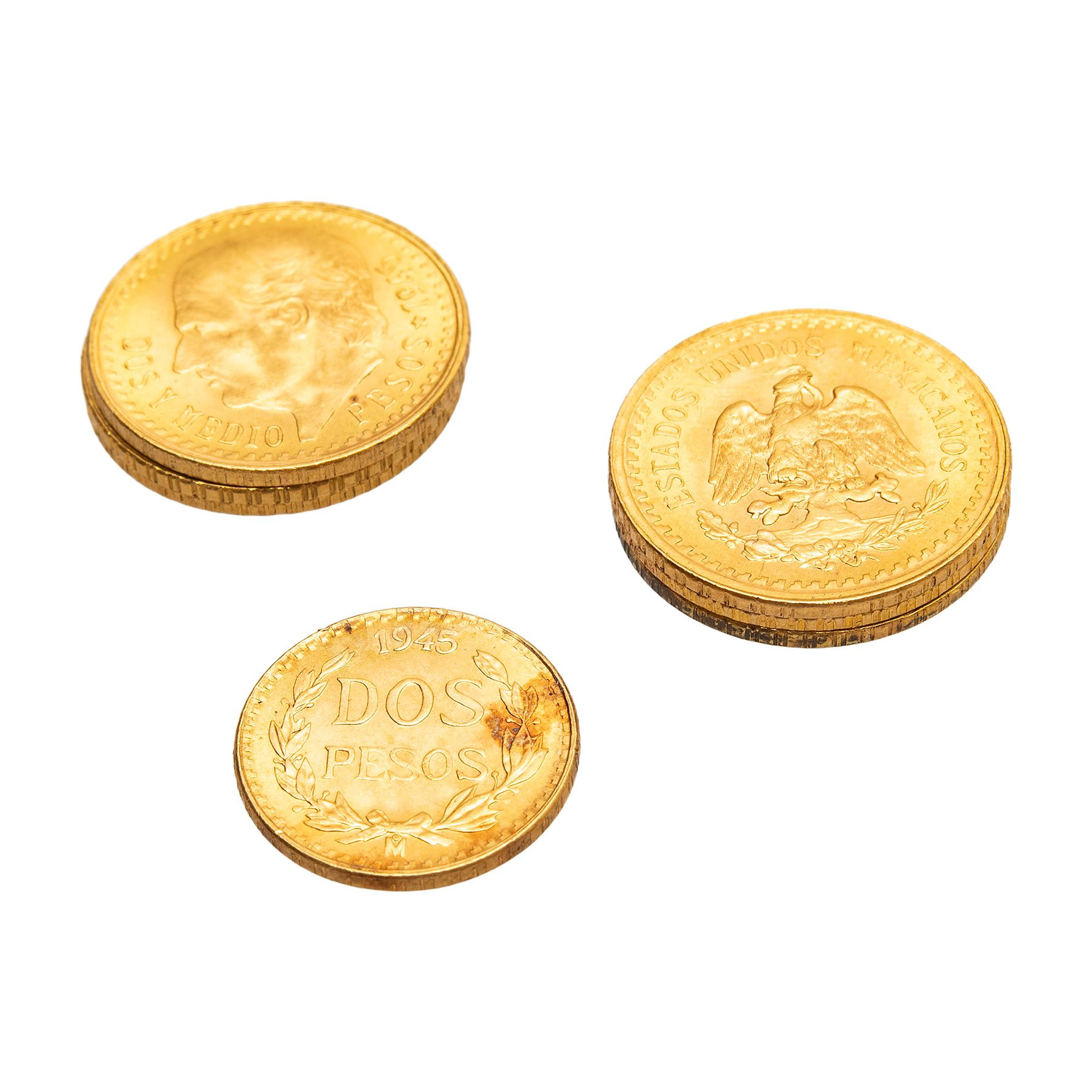 SIETE MONEDAS DE ACUÑACION NACIONAL EN ORO AMARILLO DE 21.6K