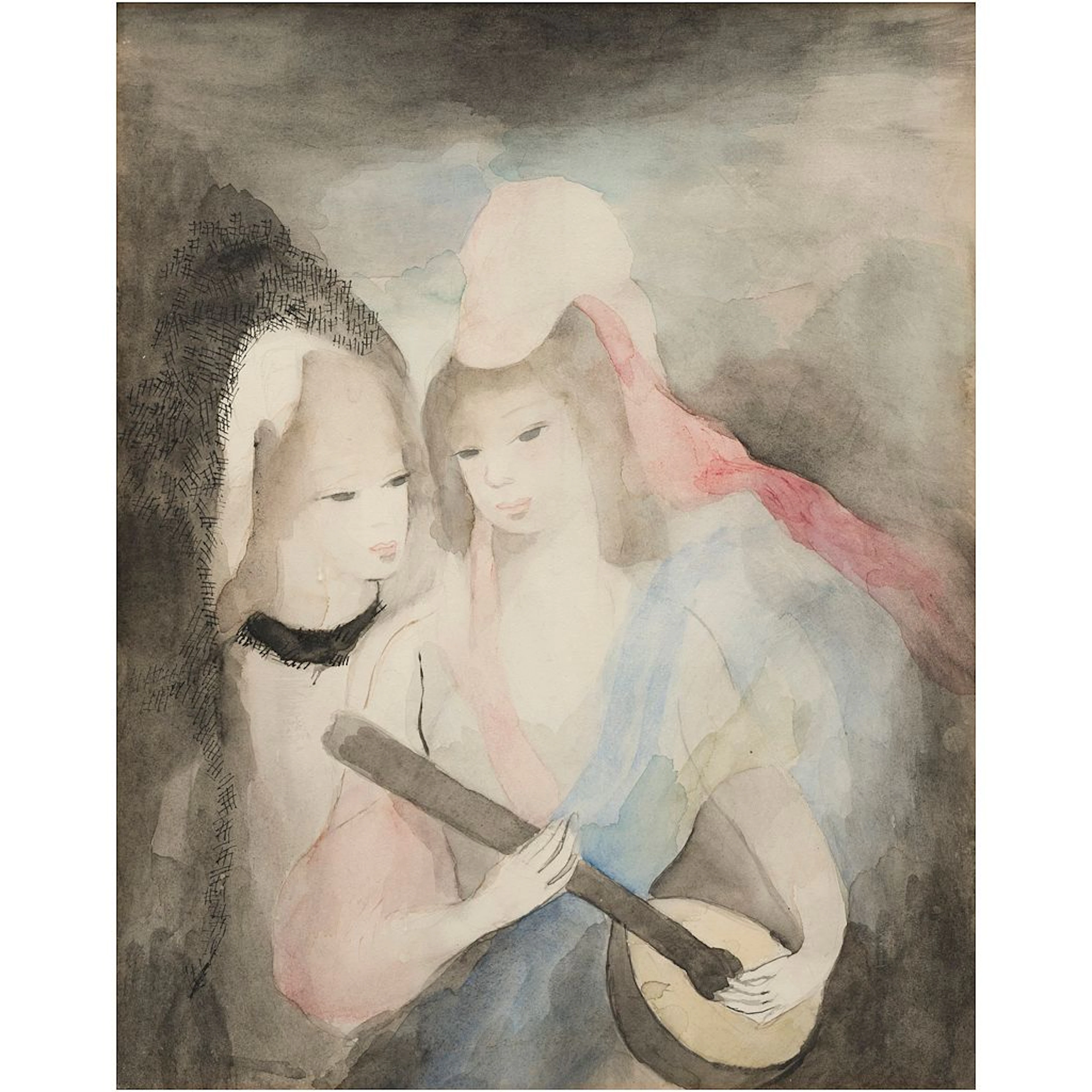 MARIE LAURENCIN (FRANCIA, 1885 - 1956) PAREJA DE JÓVENES MÚSICAS Acuarela