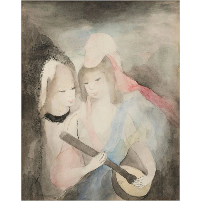 MARIE LAURENCIN (FRANCIA, 1885 - 1956) PAREJA DE JÓVENES MÚSICAS Acuarela