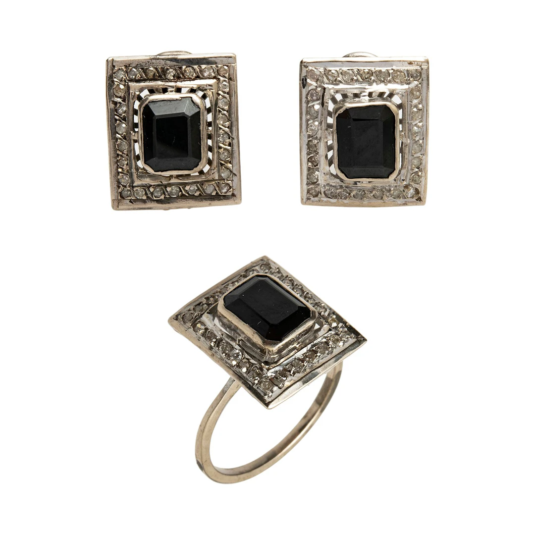 ANILLO Y PAR ARETES CON SIMULANTES Y DIAMANTES EN PLATA PALADIO