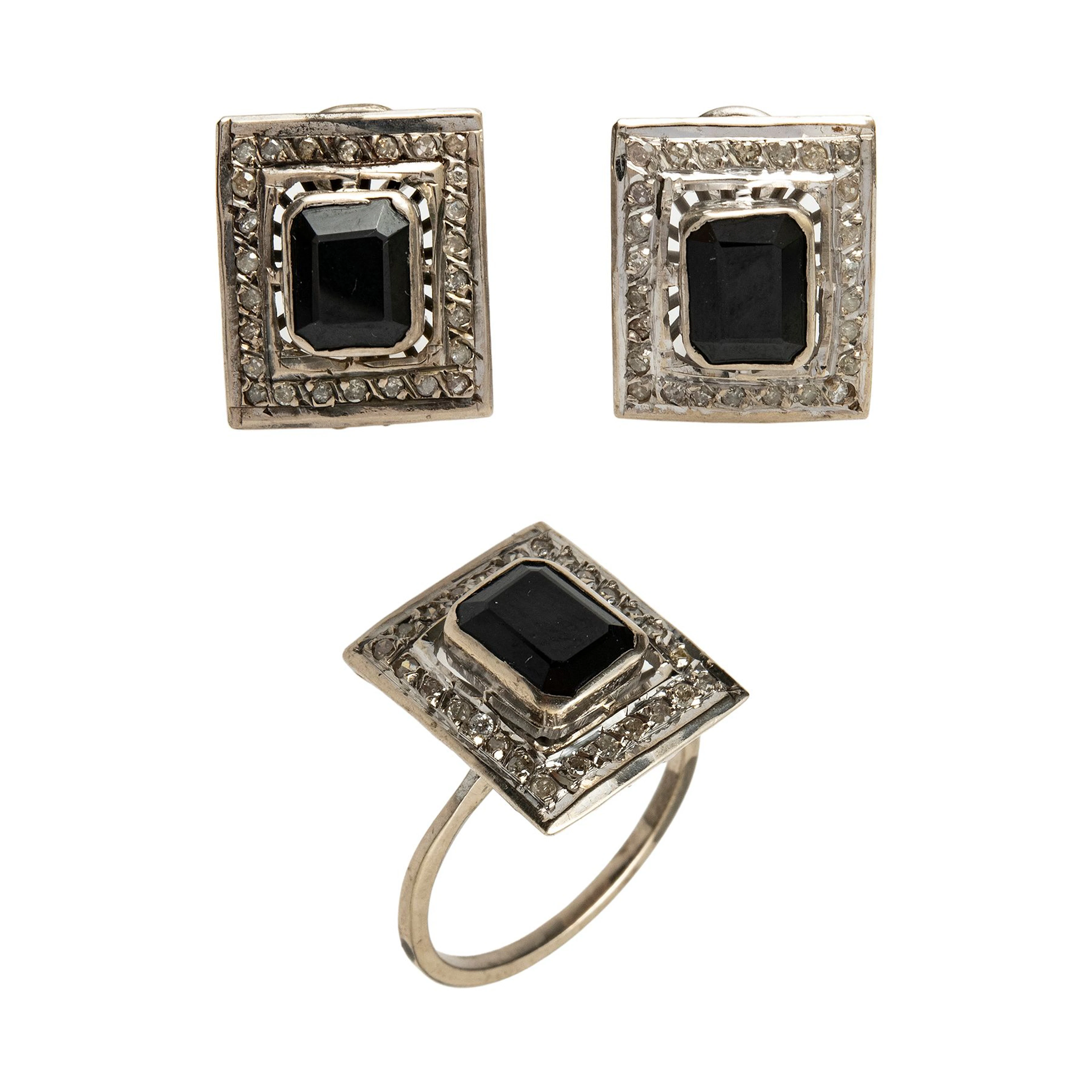 ANILLO Y PAR ARETES CON SIMULANTES Y DIAMANTES EN PLATA PALADIO