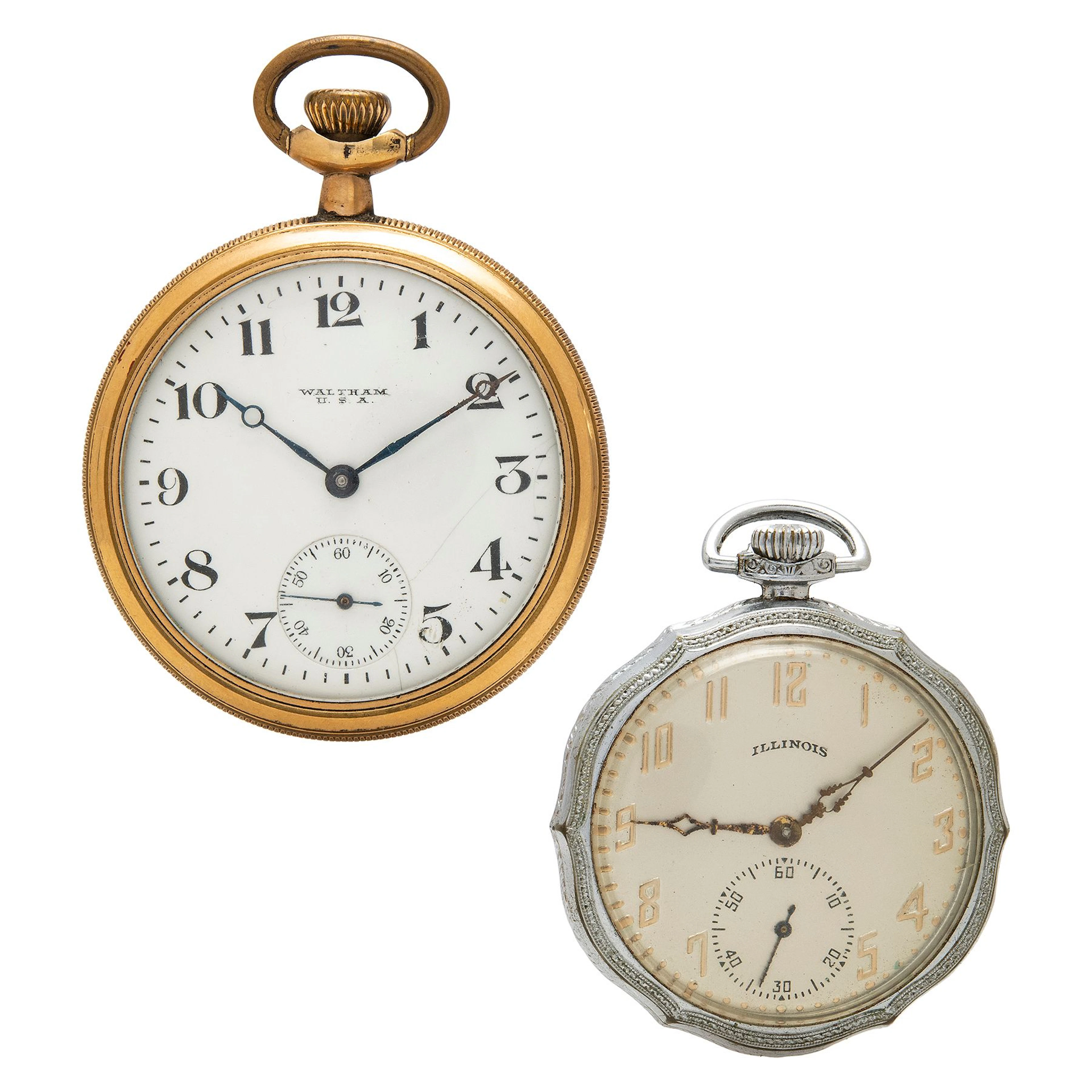 DOS RELOJES DE BOLSILLO WALTHAM E ILLINOIS EN METAL DORADO Y PLATEADO