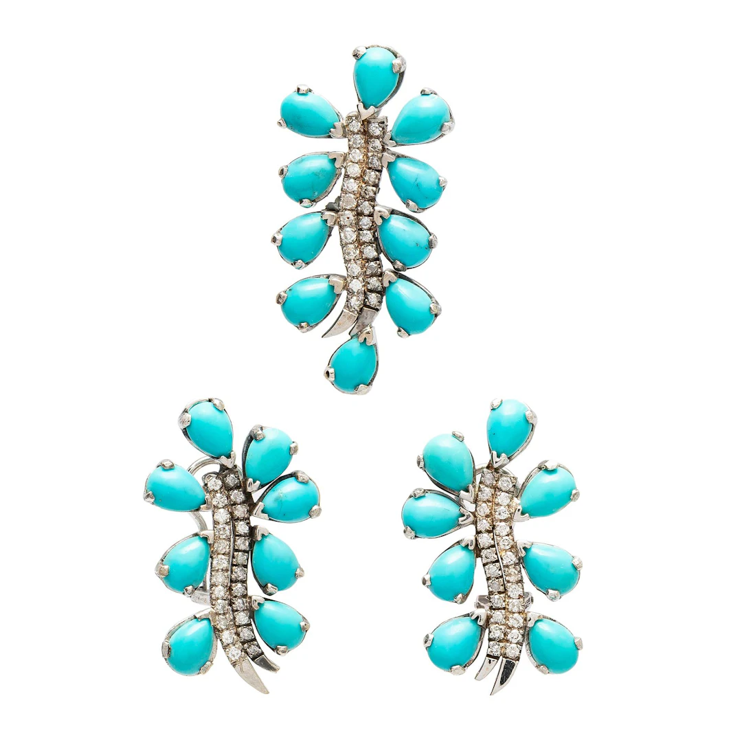 PENDIENTE, PARA ARETES CON DIAMANTES Y TURQUESA EN ORO BLANCO DE 10K