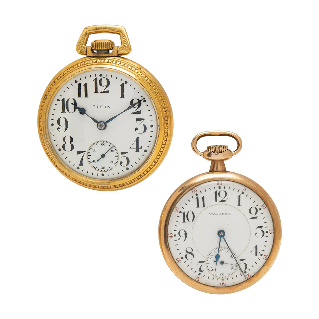 DOS RELOJES DE BOLSILLO ELGIN Y WALTHAM EN METAL DORADO