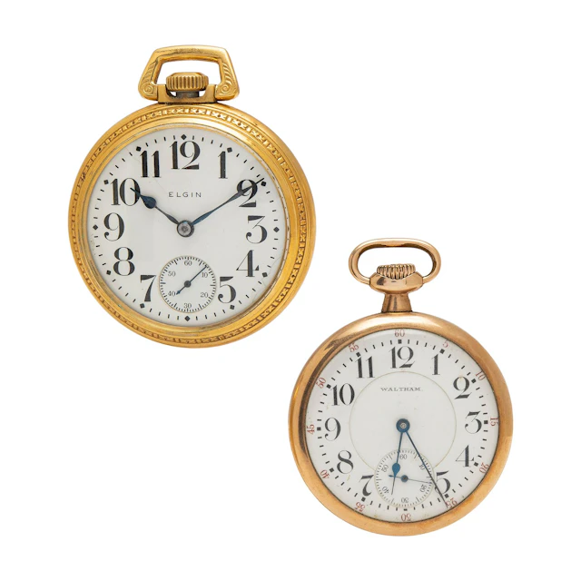 DOS RELOJES DE BOLSILLO ELGIN Y WALTHAM EN METAL DORADO