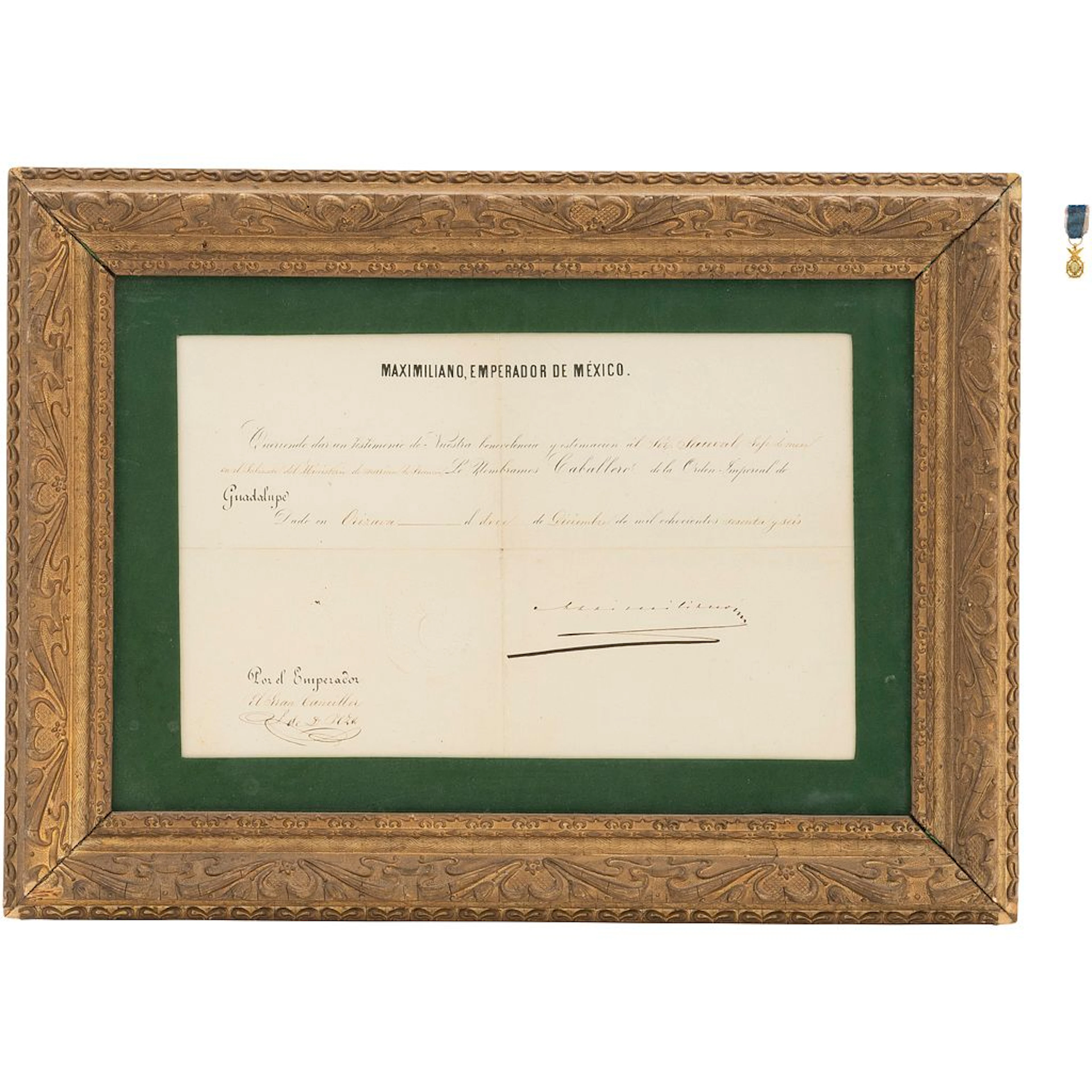 DIPLOMA DE MAXIMILIANO ORDEN DE GUADALUPE Y MINIATURA ORDEN DE GUADALUPE.