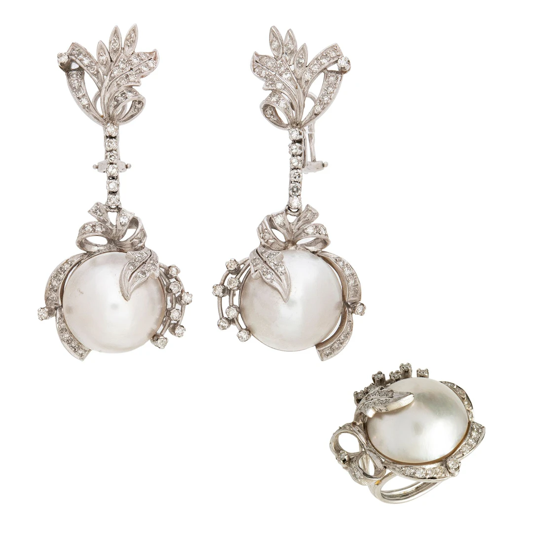 ANILLO Y PAR DE ARETES CON MEDIAS PERLAS EN PLATA PALADIO