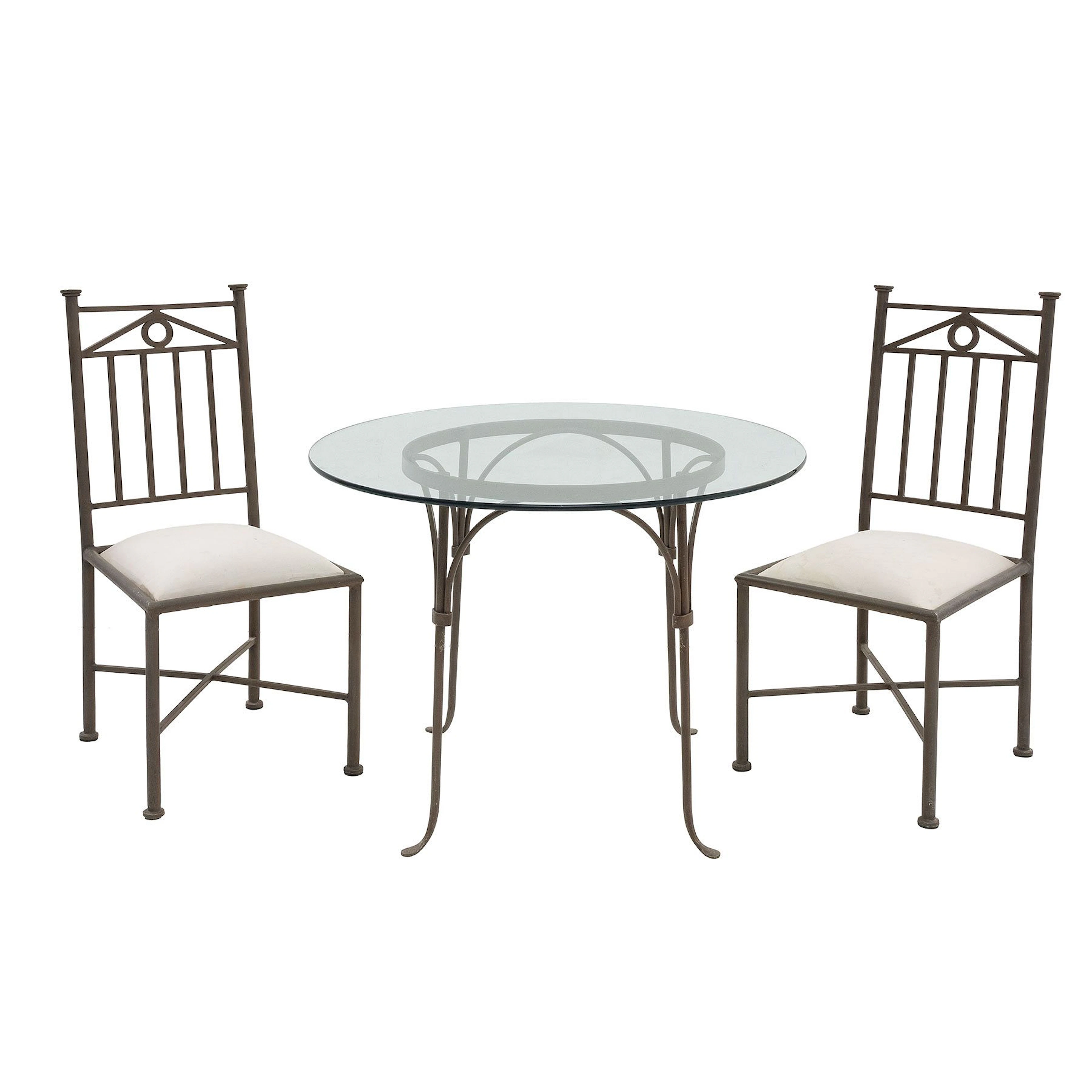 MESA ANTECOMEDOR Y PAR DE SILLAS, SXX. Estructura de hierro. Cubierta