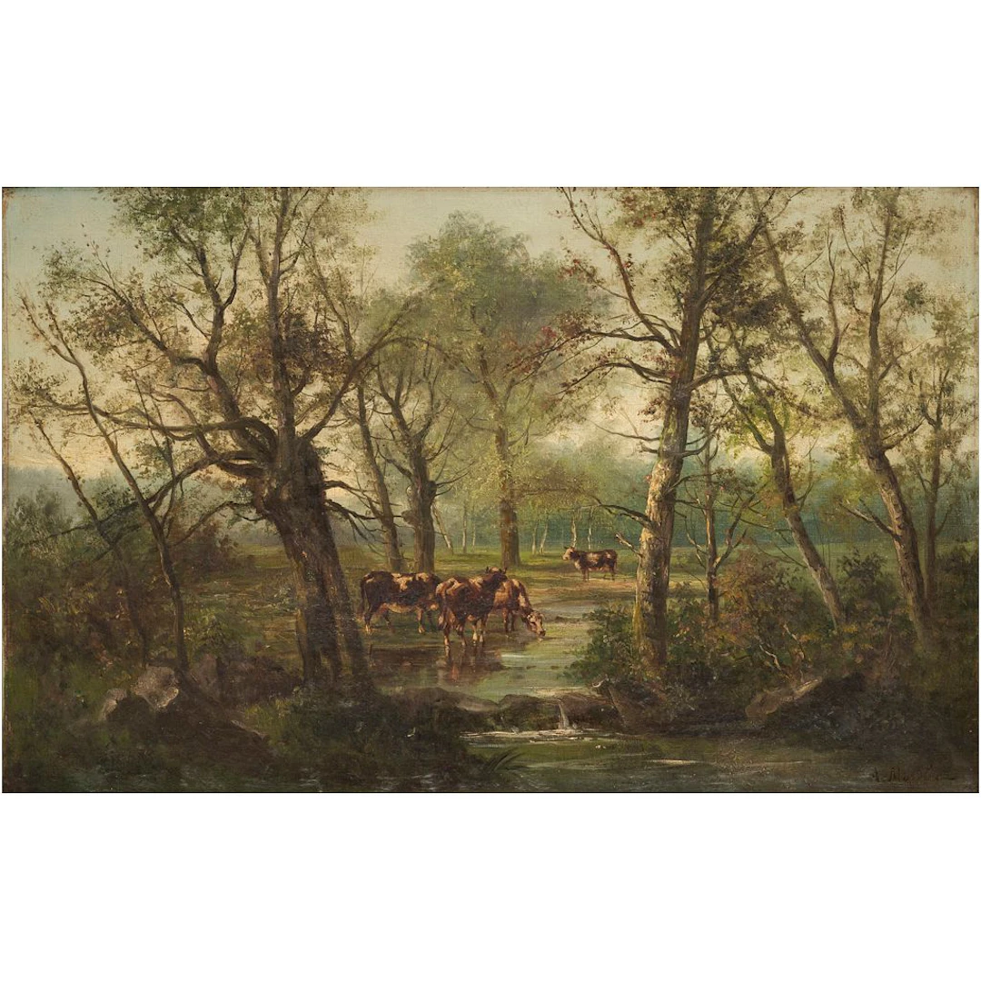 ARTHUR-PIERRE MOREL (FRANCIA, 1848-1914). ESCENA DE BOSQUE CON VACAS