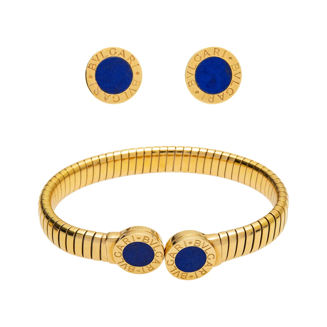 BRAZALETE Y PAR ARETES CON LAPISLAZULI EN ORO AMARILLO DE 18K