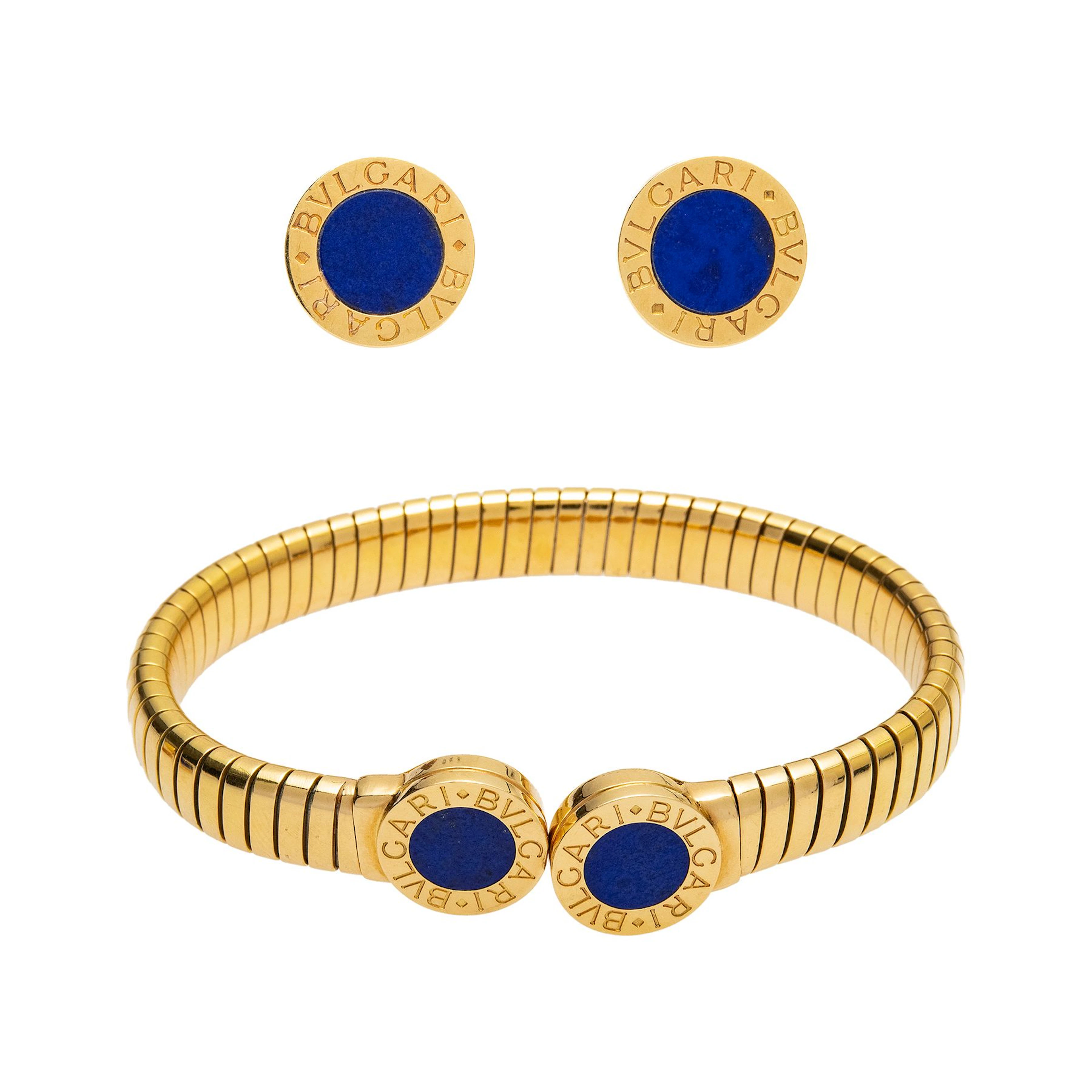 BRAZALETE Y PAR ARETES CON LAPISLAZULI EN ORO AMARILLO DE 18K