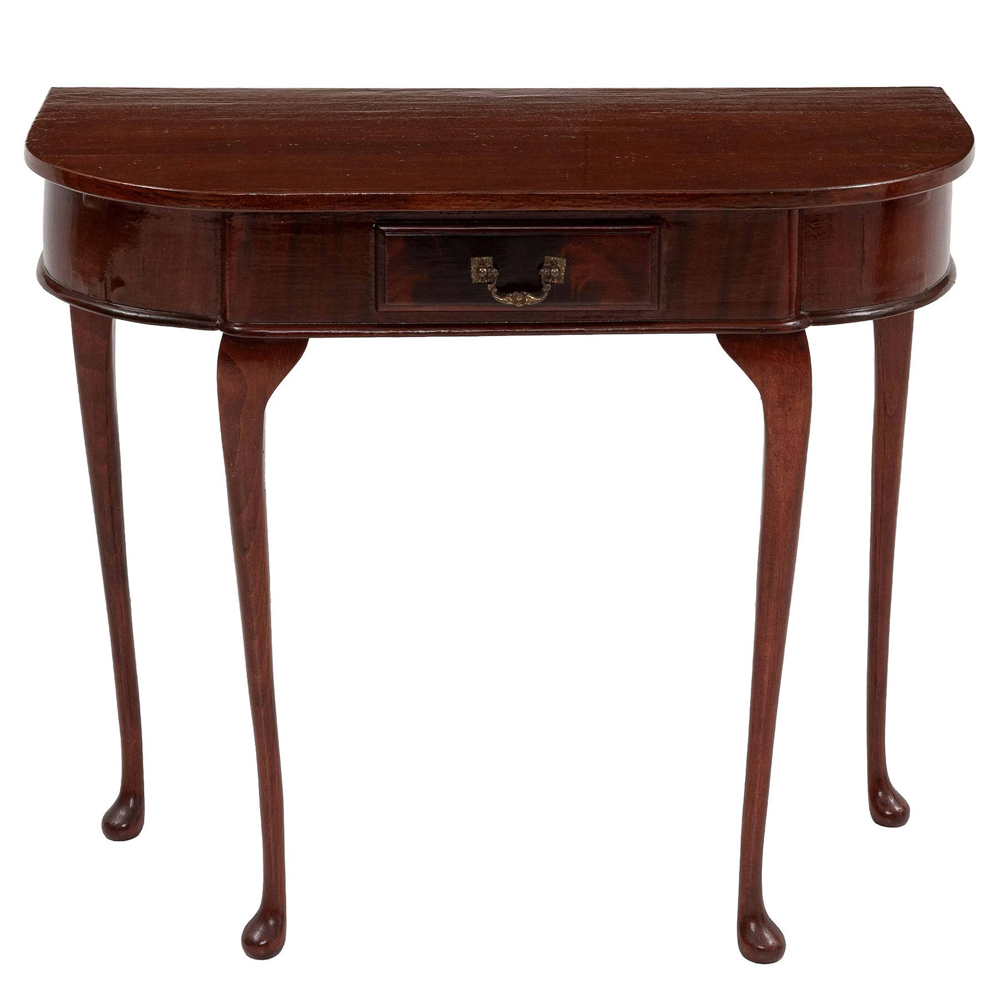 MESA CONSOLA, SXX. En madera laqueada. Cubierta en media luna, cajón
