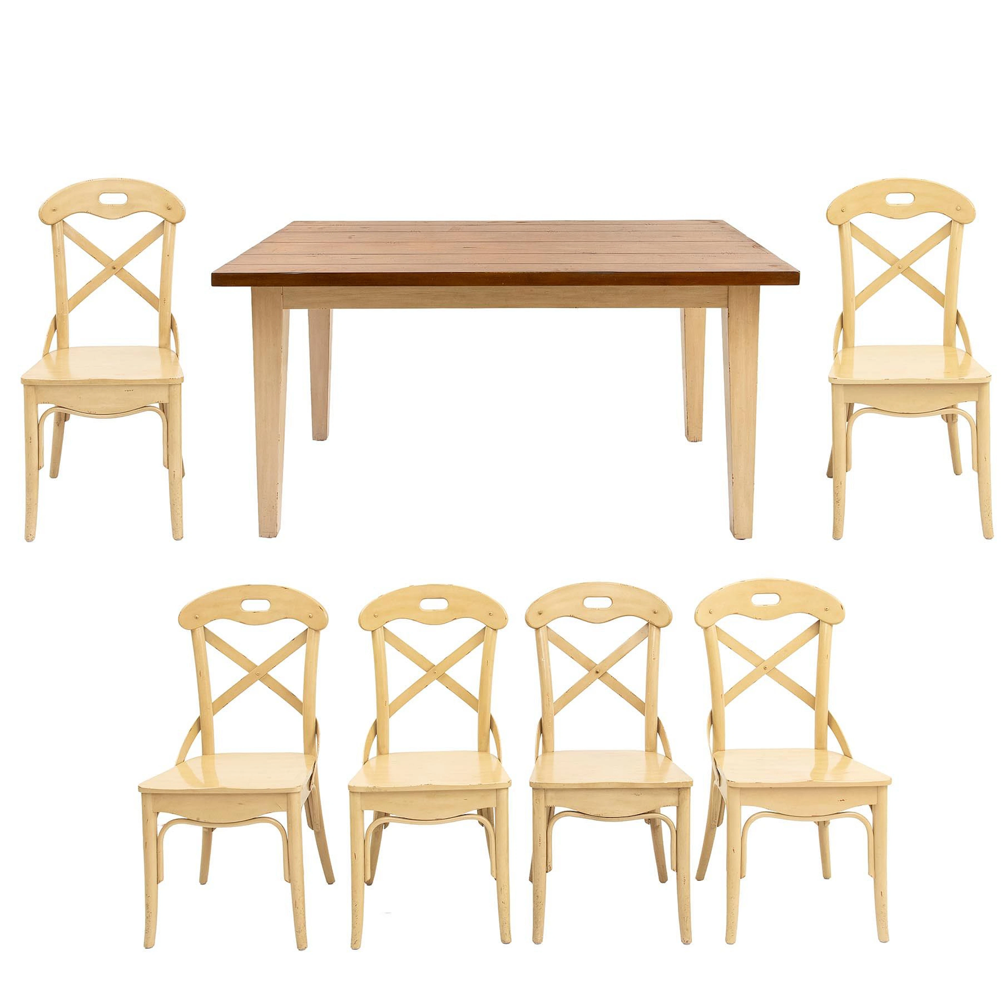 MESA DE ANTECOMEDOR Y 6 SILLAS, SXX. En madera barnizada y pintada.