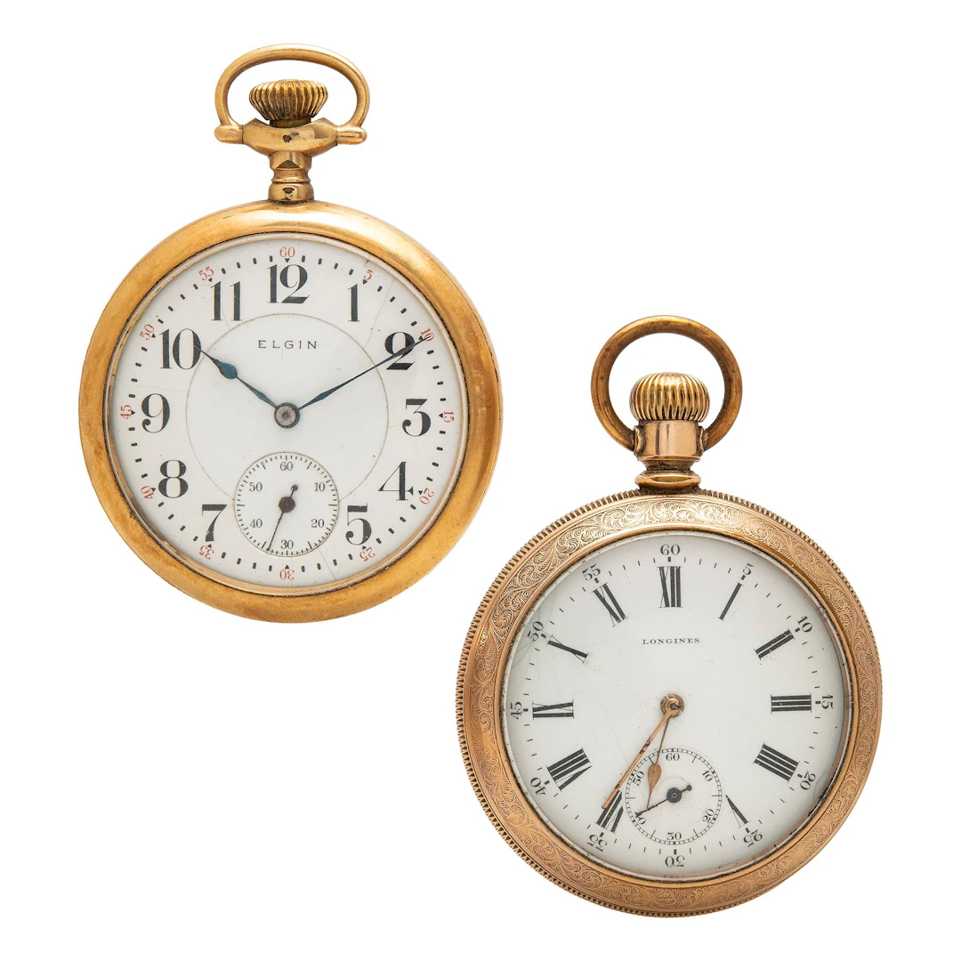 DOS RELOJES DE BOLSILLO LONGINES Y ELGIN EN ACERO INOXIDABLE Y CHAPA DE ORO