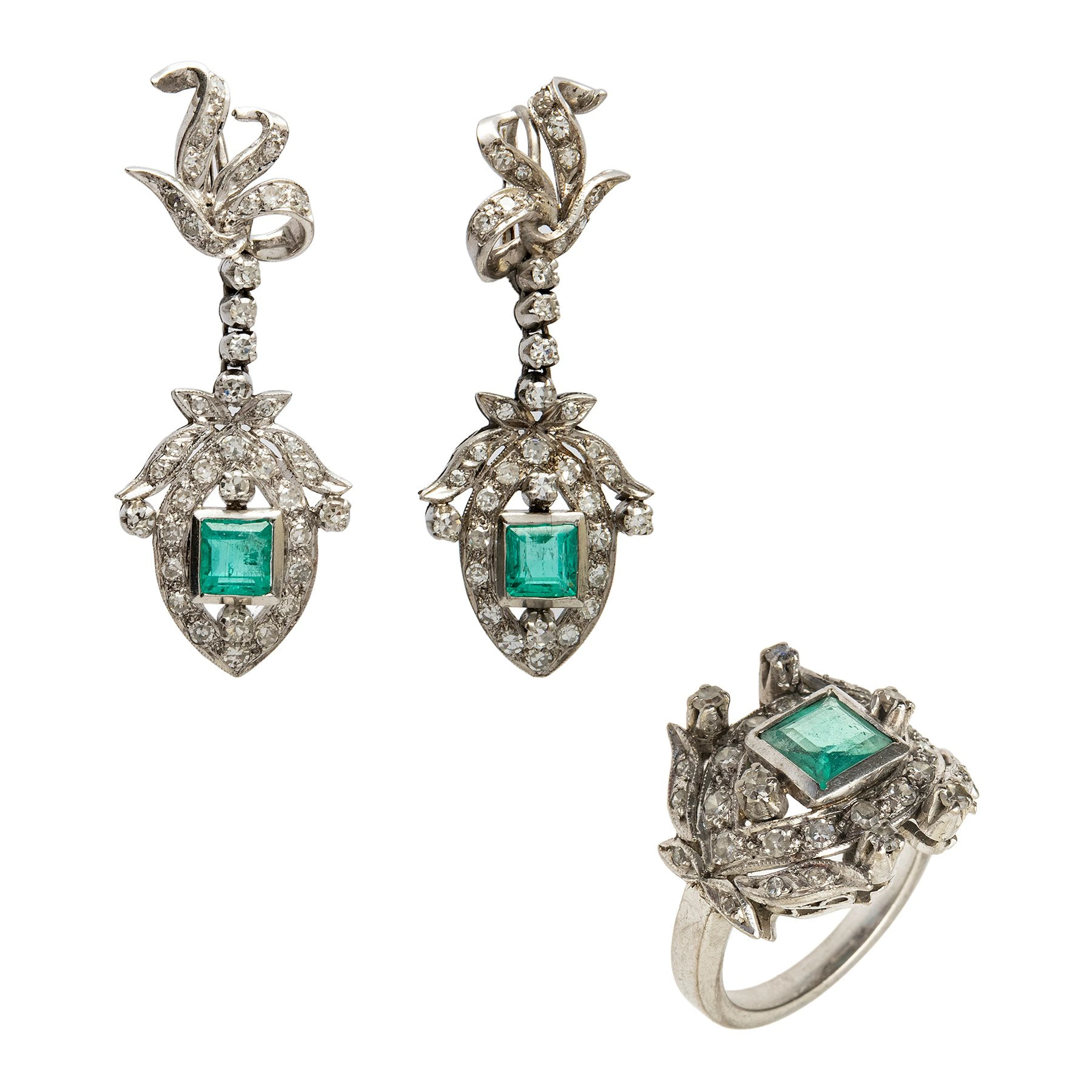 ANILLO Y PAR ARETES CON DIAMANTES Y ESMERALDAS EN PLATA PALADIO