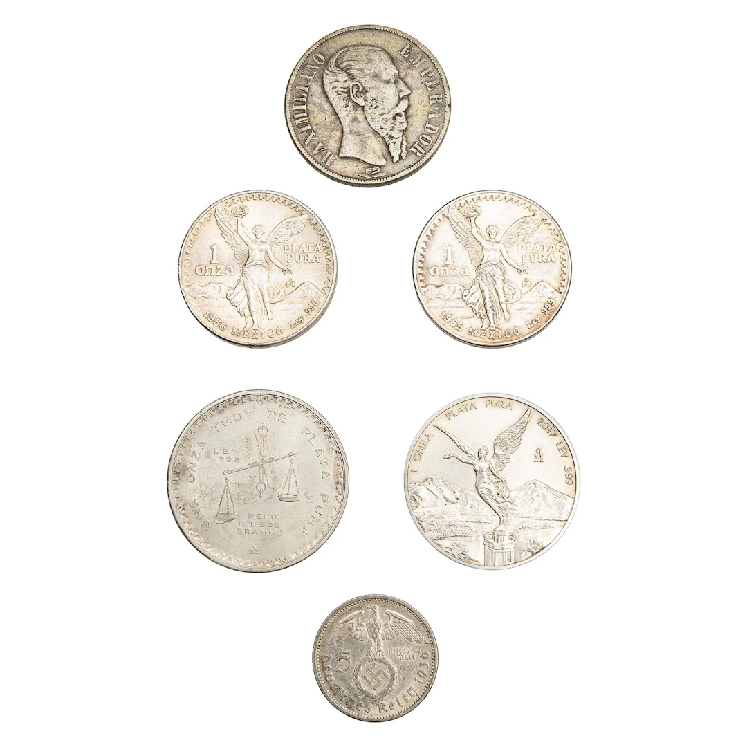 SEIS MONEDAS DE ACUÑACIÓN INTERNACIONAL EN PLATA .999, .925, .900, .625