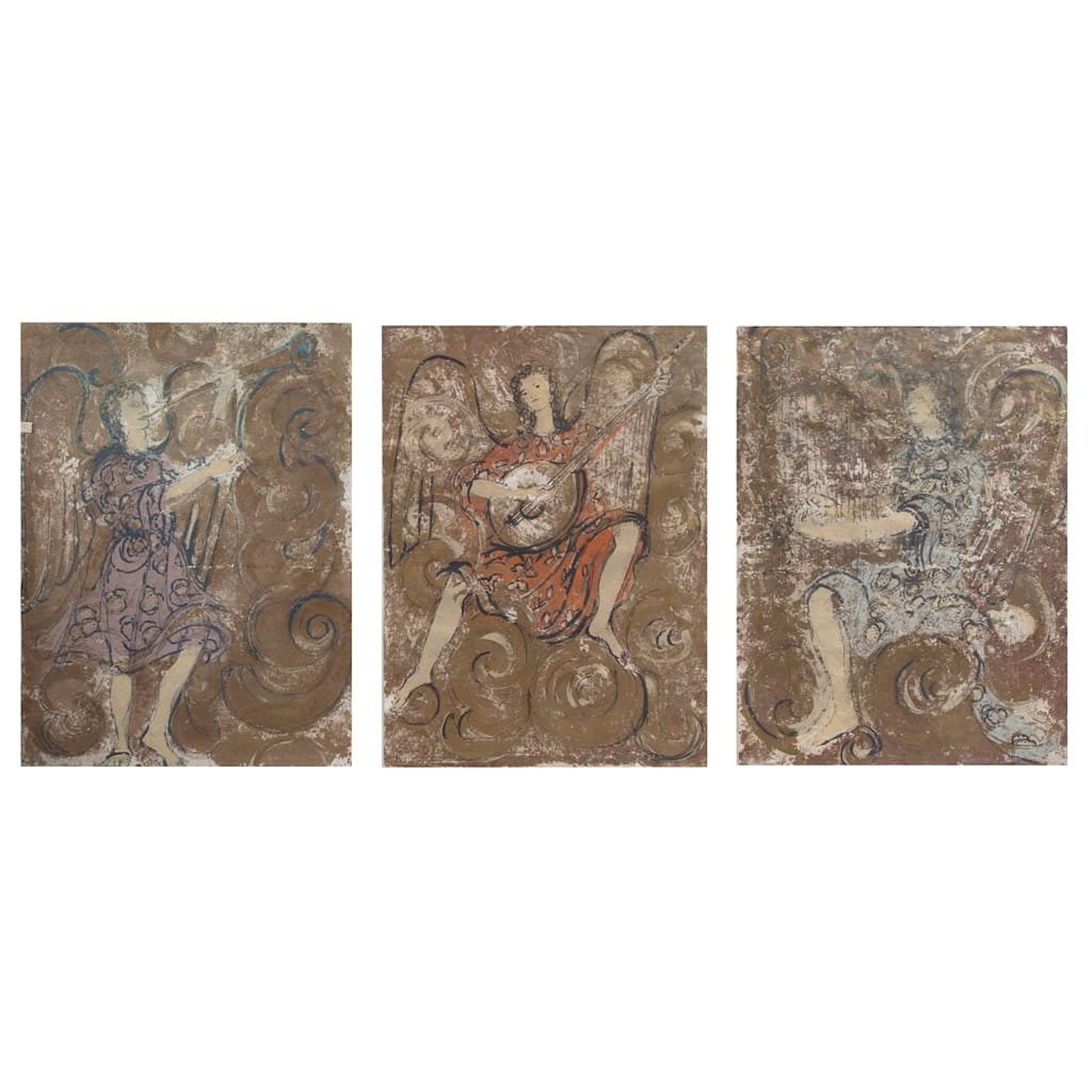 CARMEN PARRA. Arcángeles músicos. Firmadas. Serigrafías P. A., tríptico.