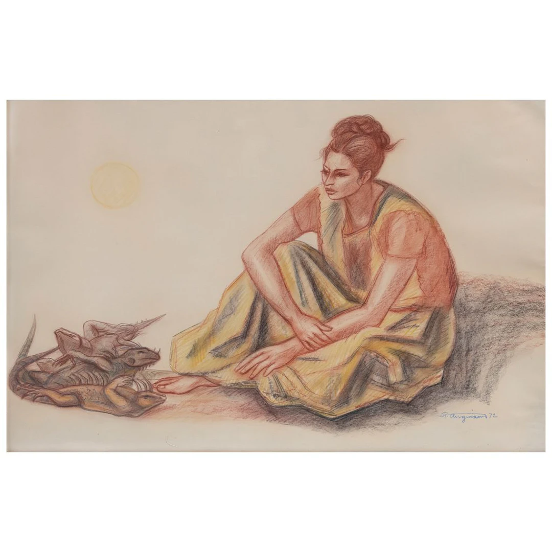 RAÚL ANGUIANO. Vendedora de iguanas. Firmada y fechada 72. Sanguina