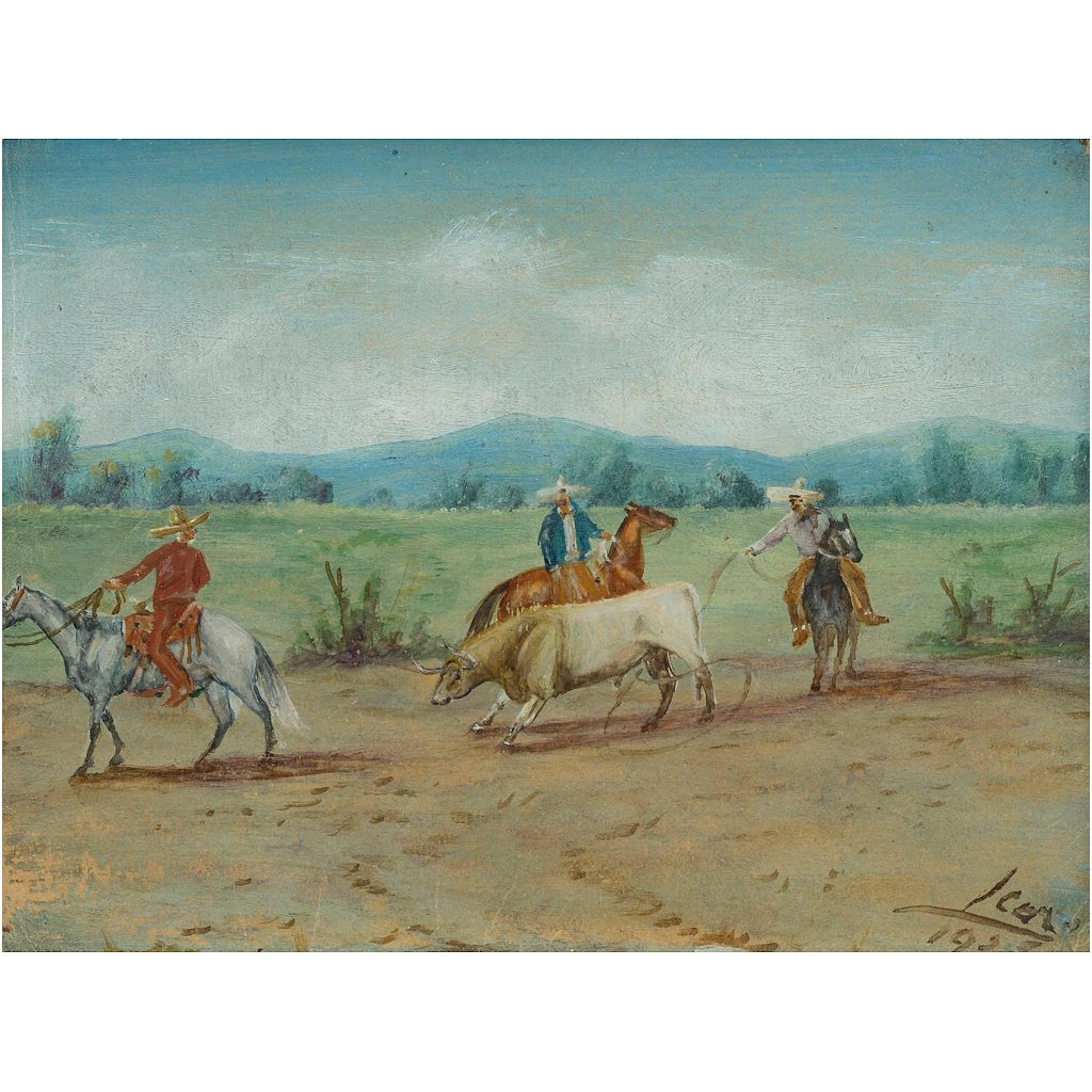 ATRIBUIDO A ERNESTO ICAZA (MÉXICO 1866-1935) ESCENA DE CHARRERÍA Óleo
