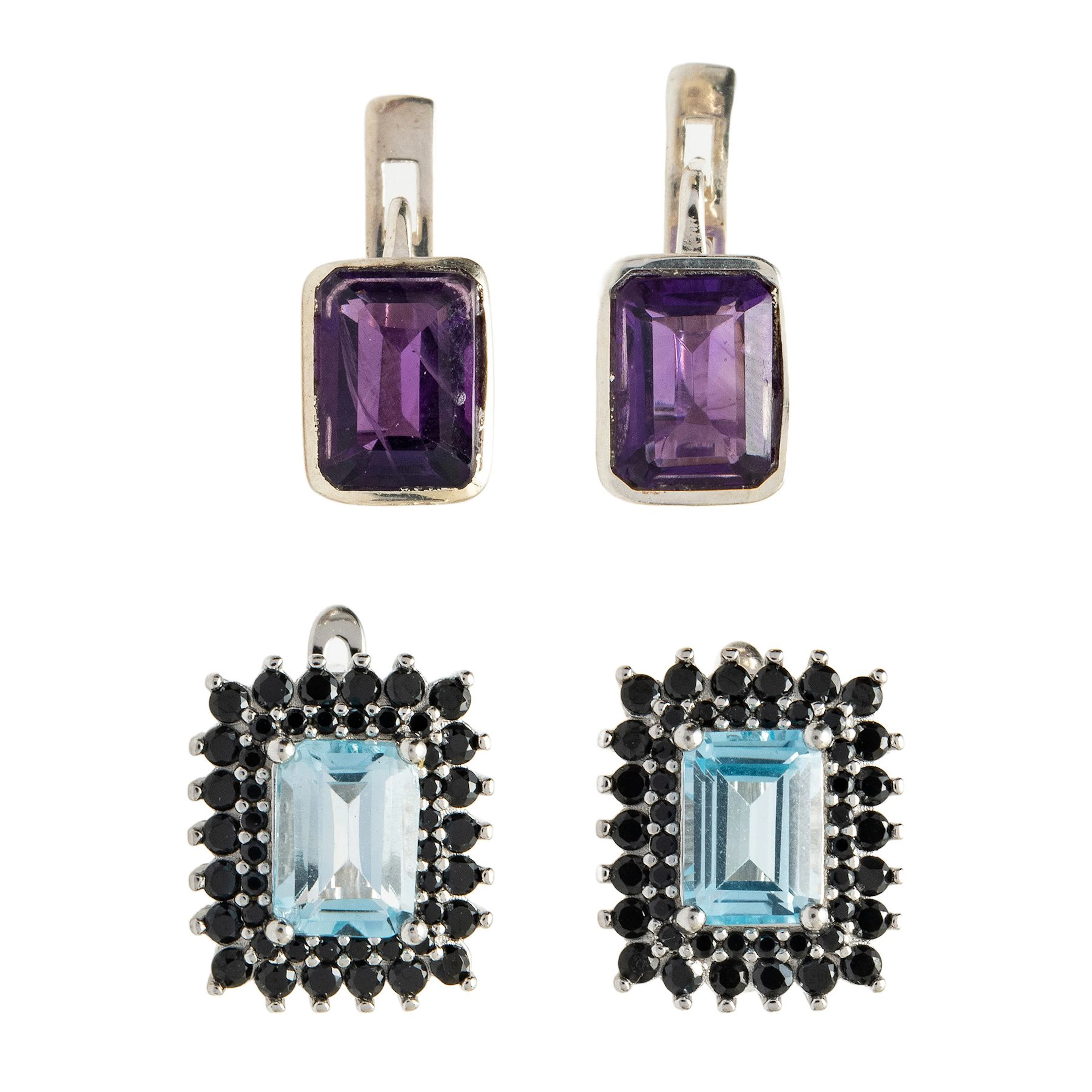 DOS PARES DE ARETES CON AMATISTAS Y GEMAS SEMIPRECIOSAS EN PLATA