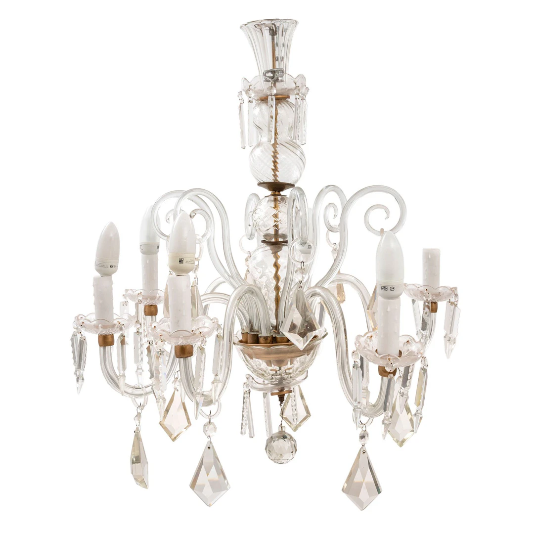 CANDIL, SXX. En cristal transparente y metal. Fuste torneado, brazos