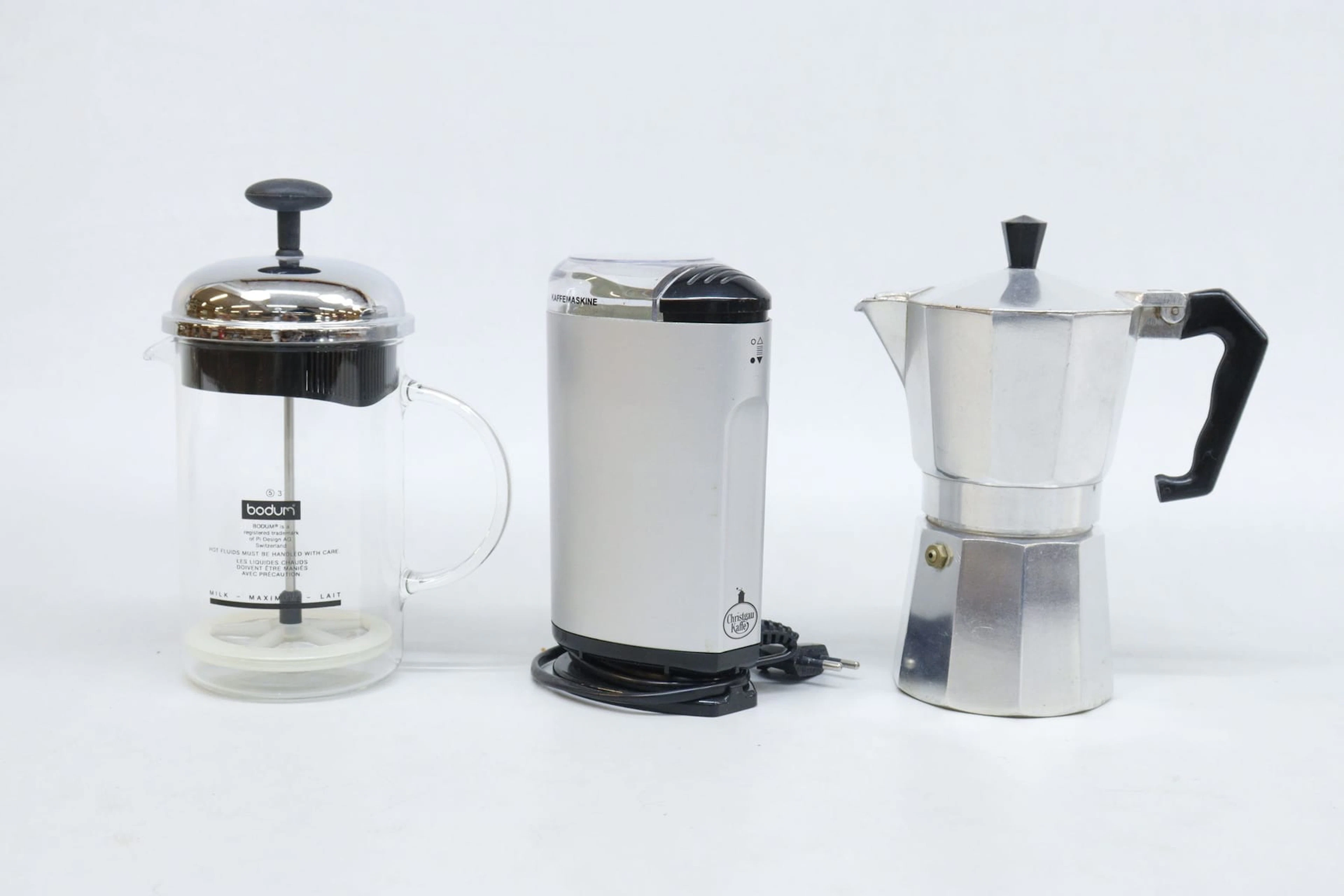 Kaffekvarn, espressobryggare och pressbryggare, bla Bodum