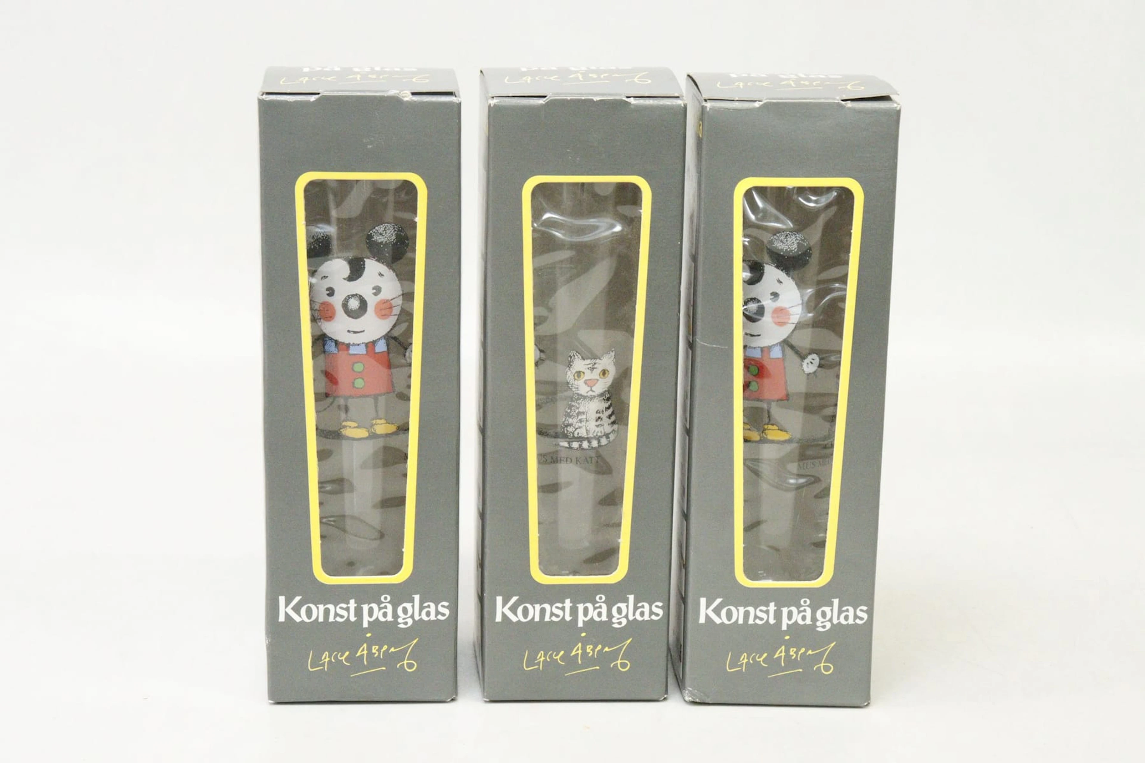 Ölglas, 3st, Lasse Åberg, med kartonger