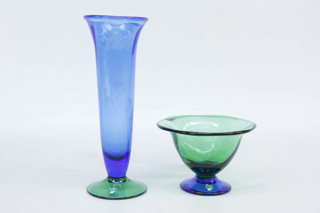 Vas och skål, Erika Lagerbielke, Orrefors, blågrönt glas