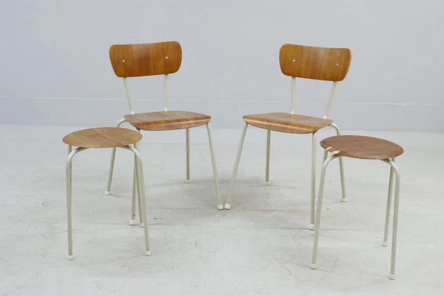 Stolar och pallar, 2 par, teak