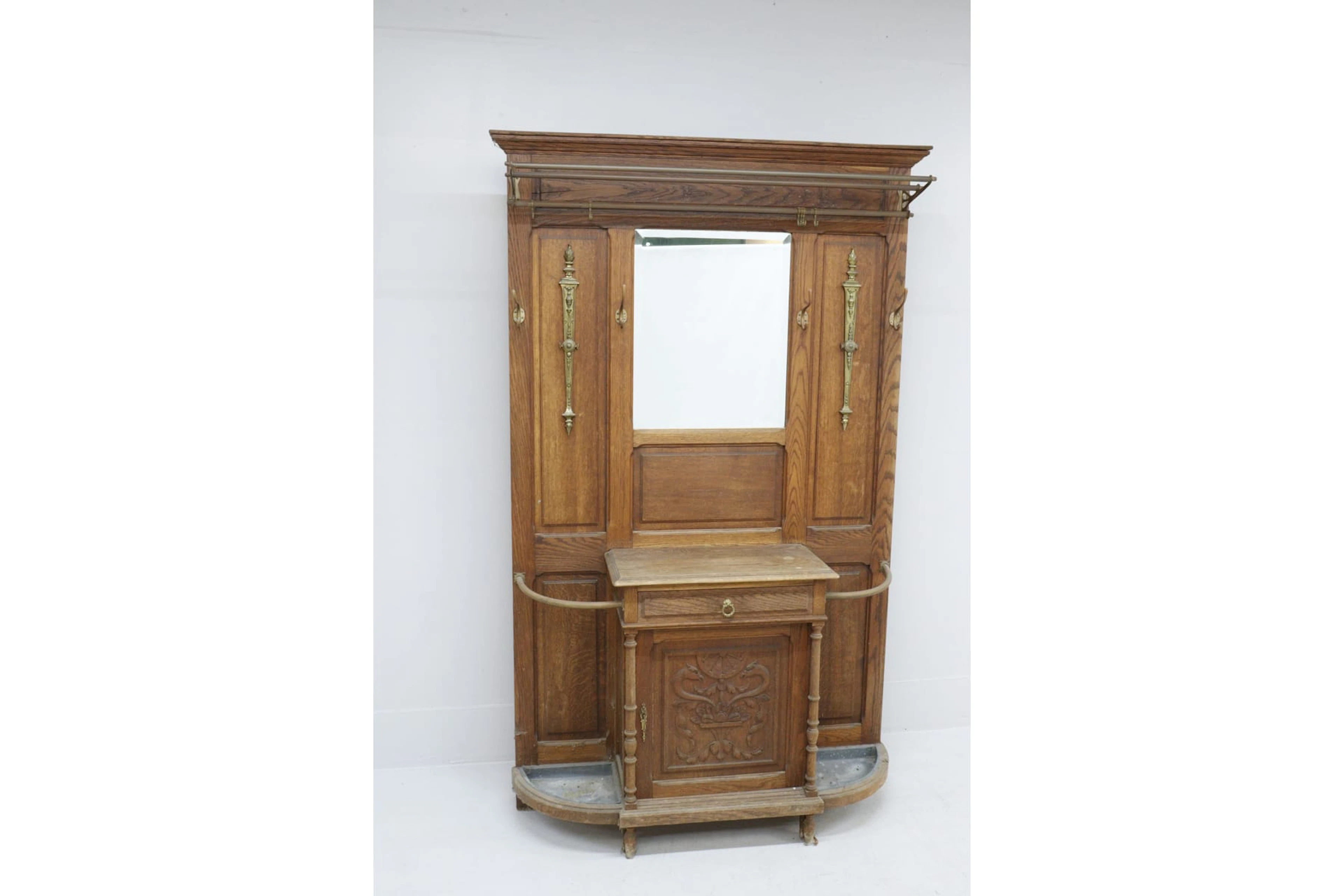Hallmöbel, hallstand, ek, jugend, med spegel, paraplyställ, hatthylla och skåp