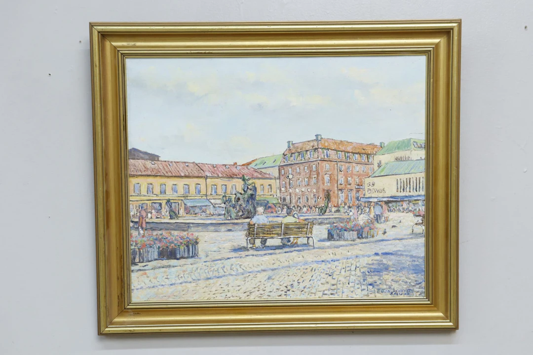 Egon Lennart Karlsson, "Torget Halmstad", olja på duk, signerad
