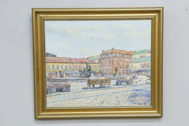 Egon Lennart Karlsson, "Torget Halmstad", olja på duk, signerad