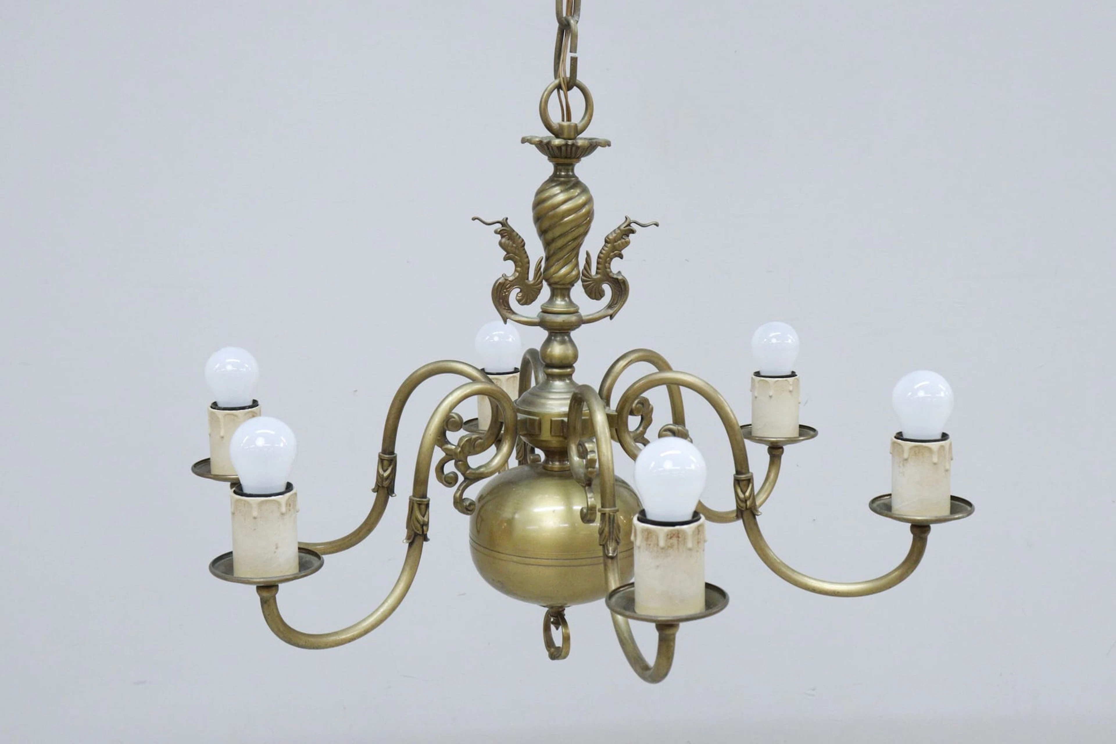 Taklampa, 6-armad, mässing/malm