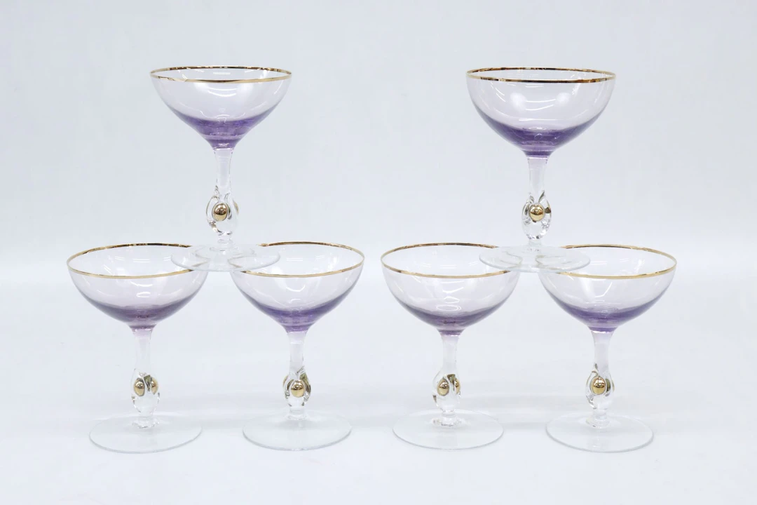 Champagnekupor, 6st, Tjeckien, lila glas med förgylld kant