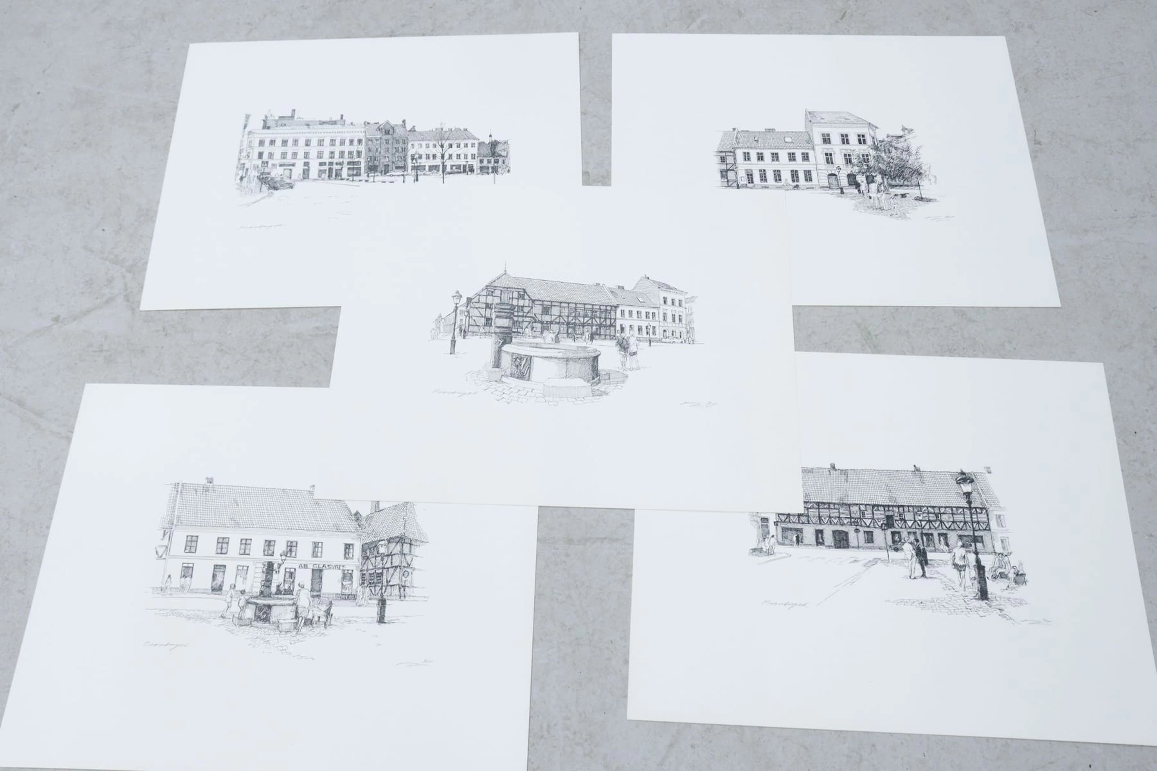 Vagn Jacobsen, 5st, litografier, "Lilla Torg, Malmö", i mapp