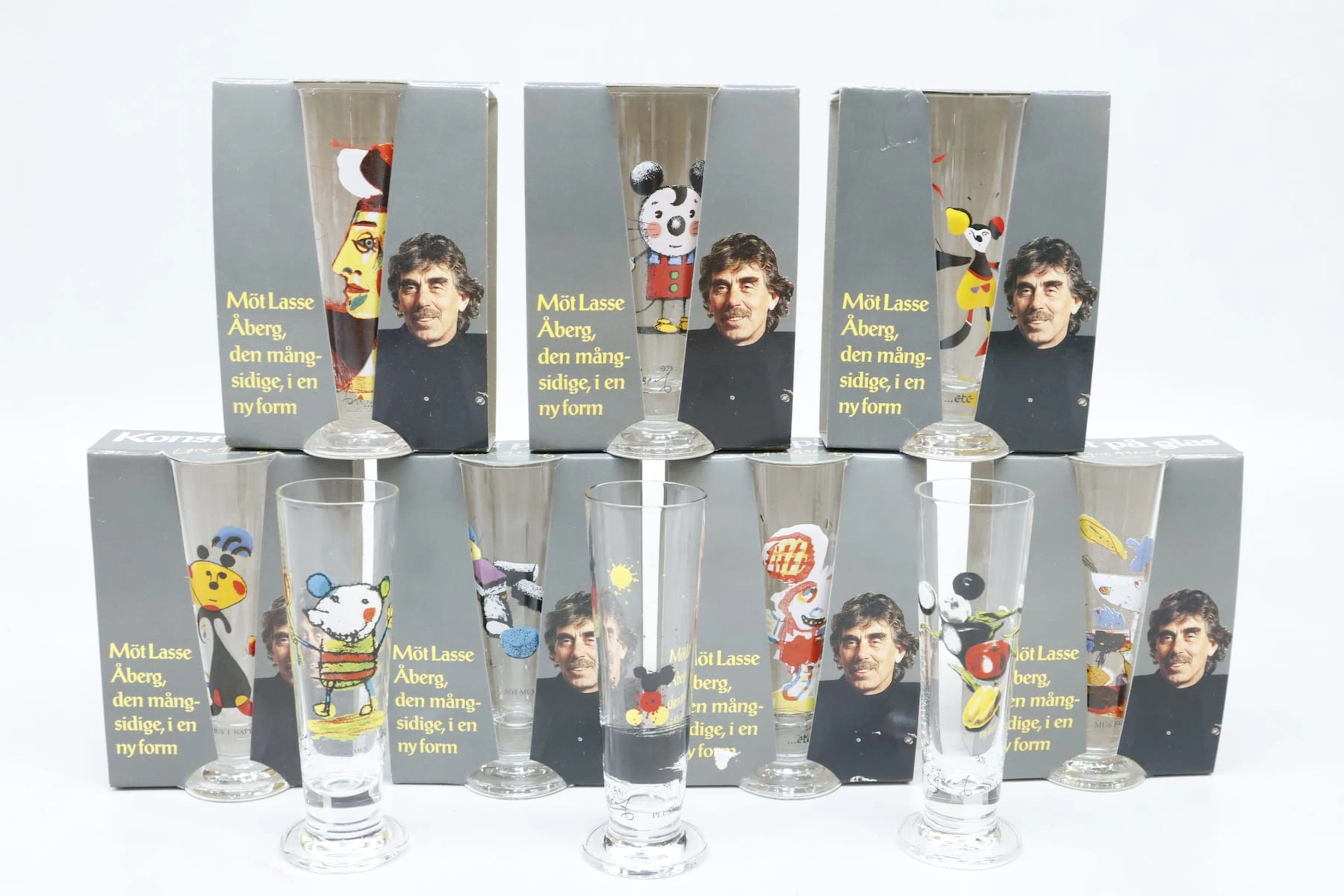 Snapsglas, 10st, Lasse Åberg, med 7 kartonger