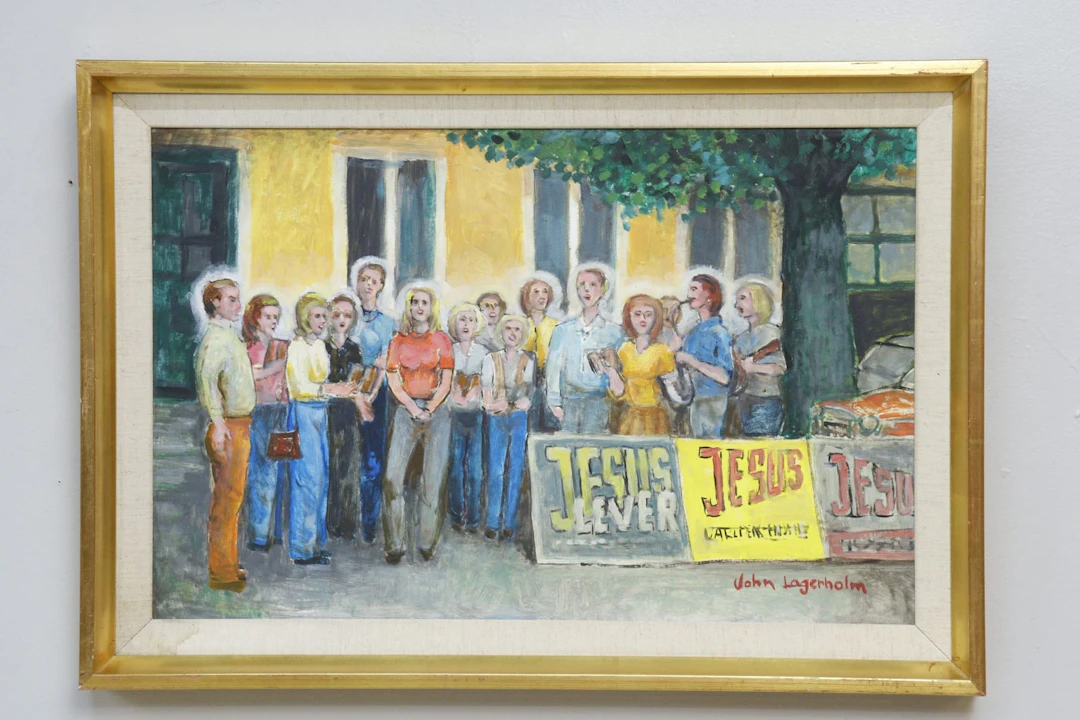 John Lagerholm, "Sångkör på Mårtenstorget 1977 Lund", olja på pannå, signerad