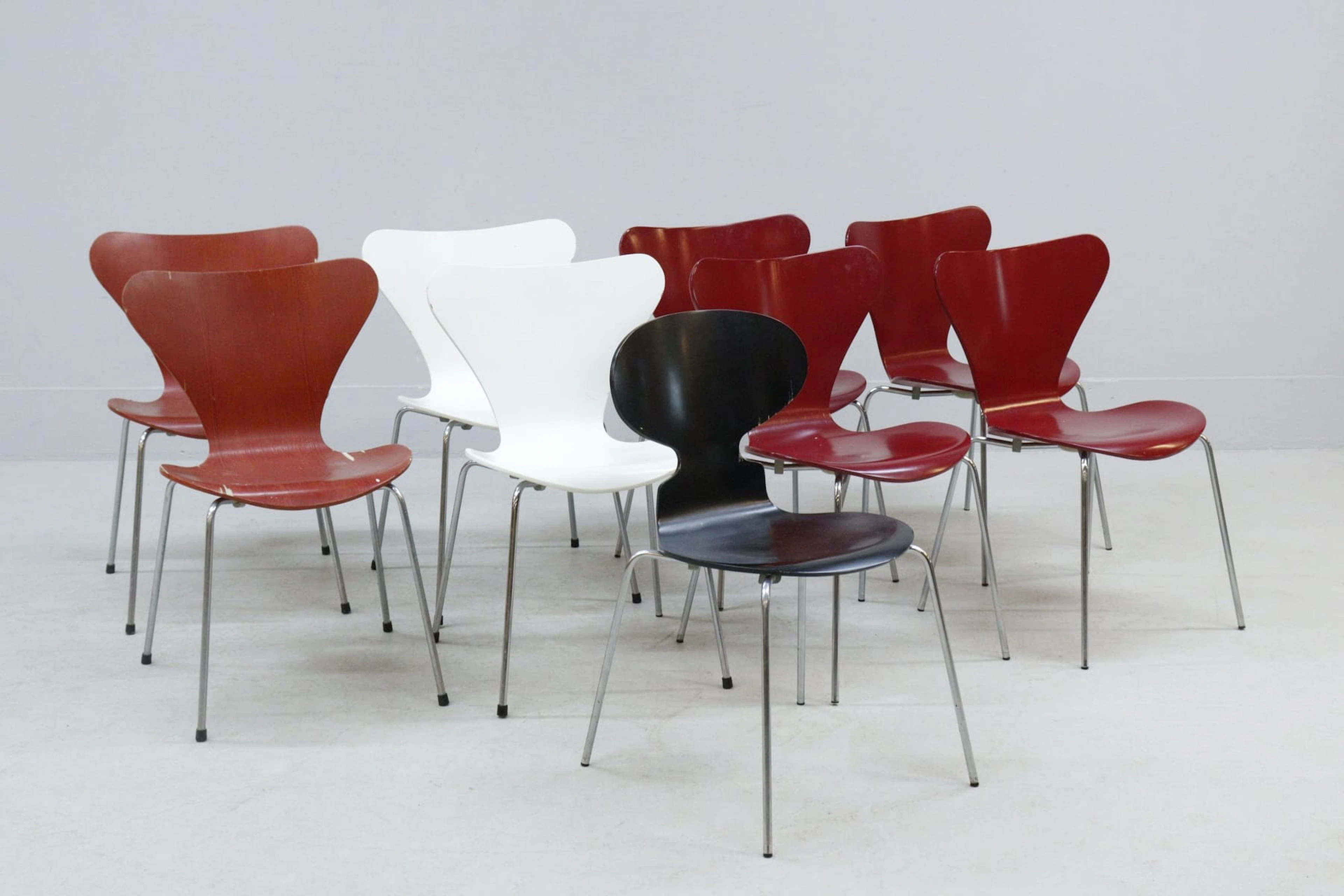Stolar, 9st, "Sjuan" och "Myran", Arne Jacobsen, Fritz Hansen, stapelbara