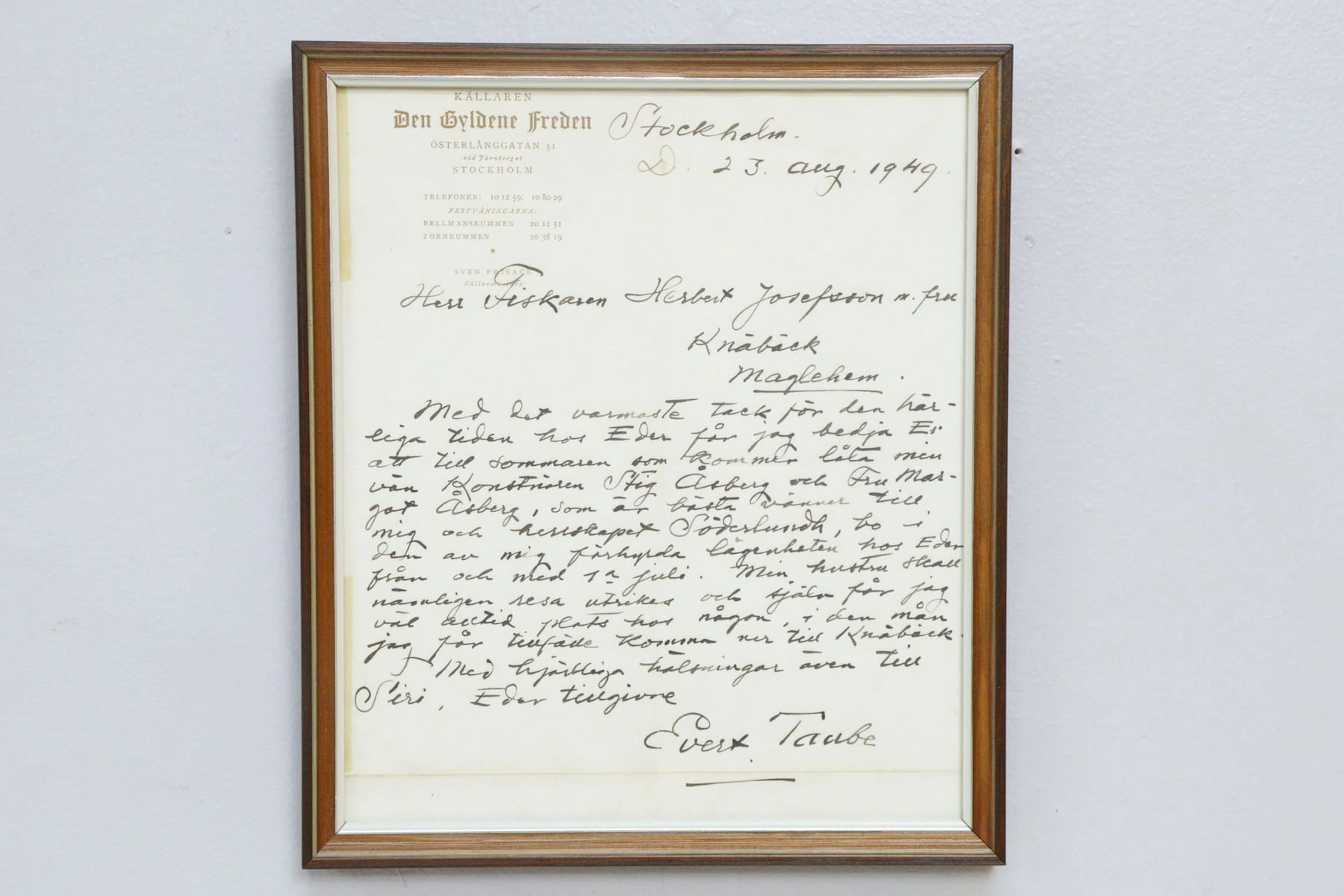 Evert Taube, brev, skrivit på papper från Gyllene Freden, 1949