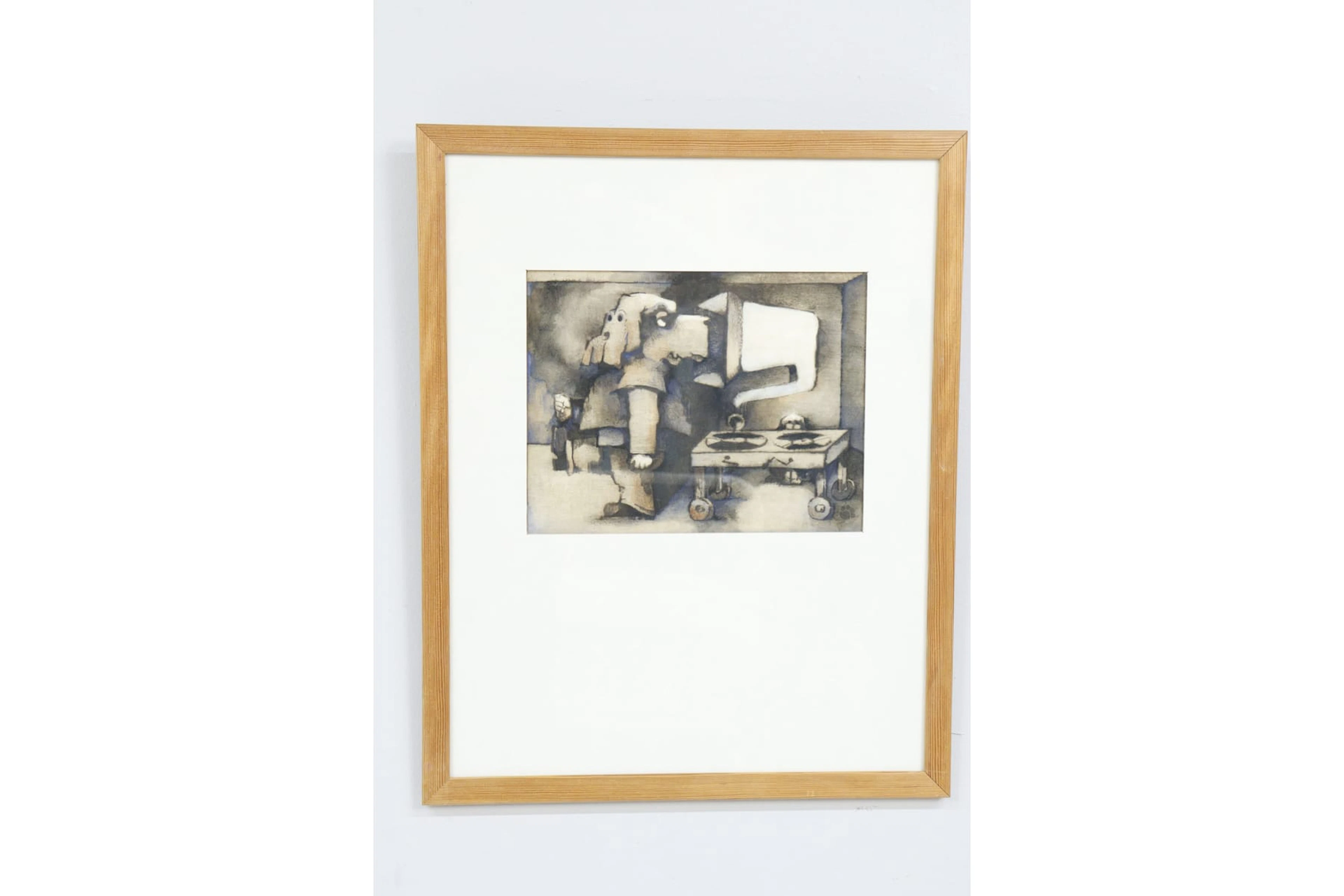Karl-Erik Olsson, "Hund vid grammofon", tusch/akvarell, signerad