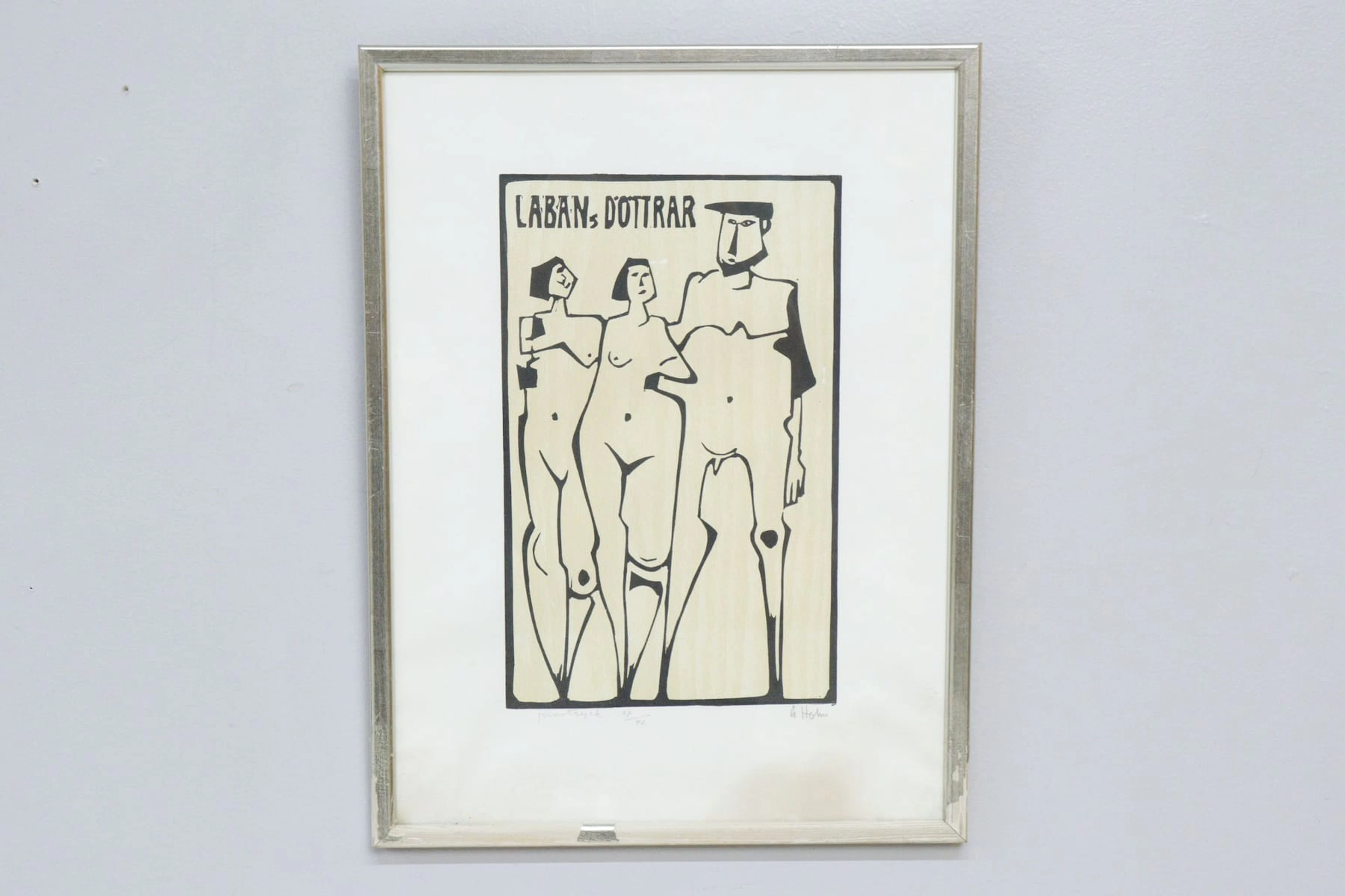 Åke Holm, "Labans döttrar", träsnitt, signerat